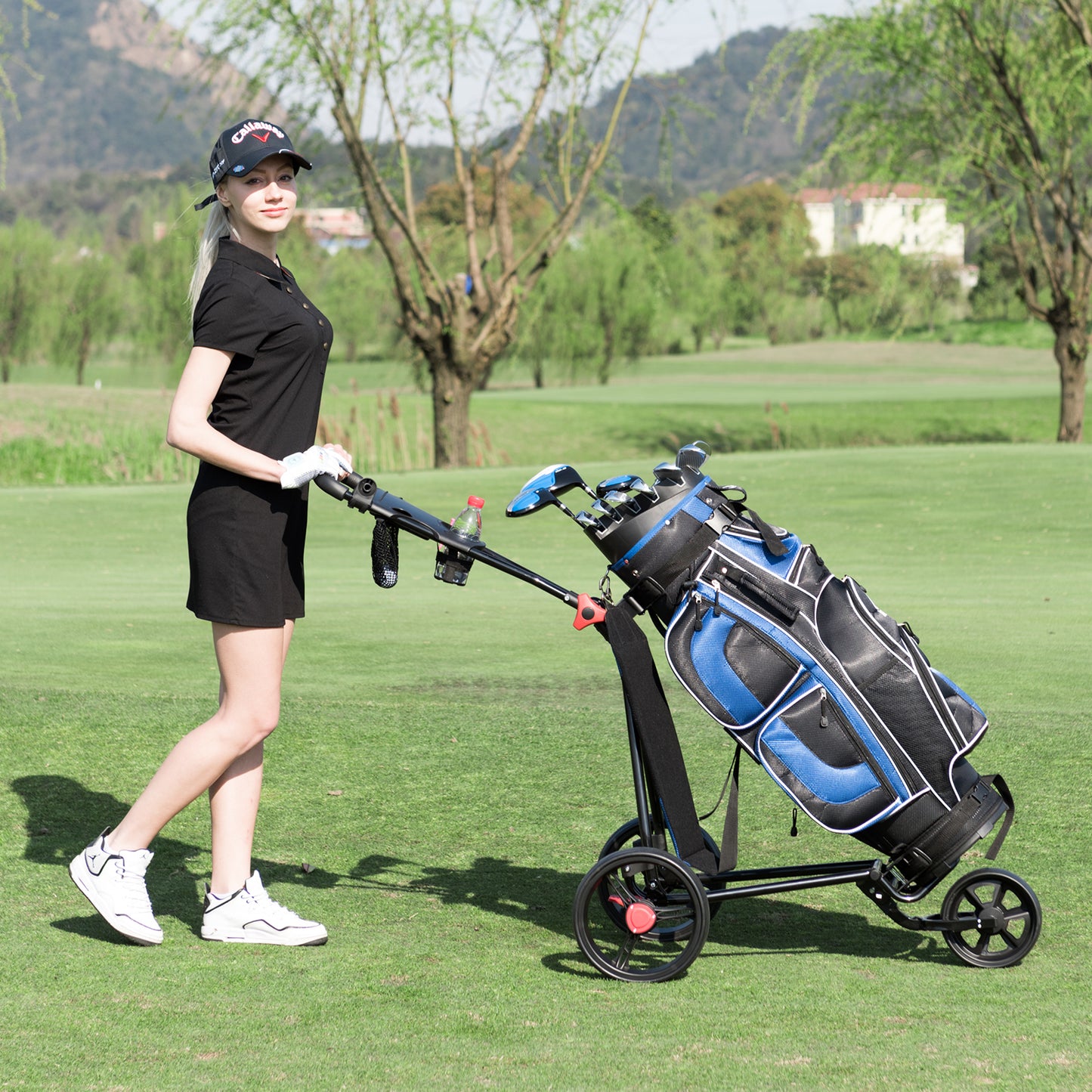 3 Wheel Durable Foldable Steel Golf Cart with Mesh Bag Kids Crystal