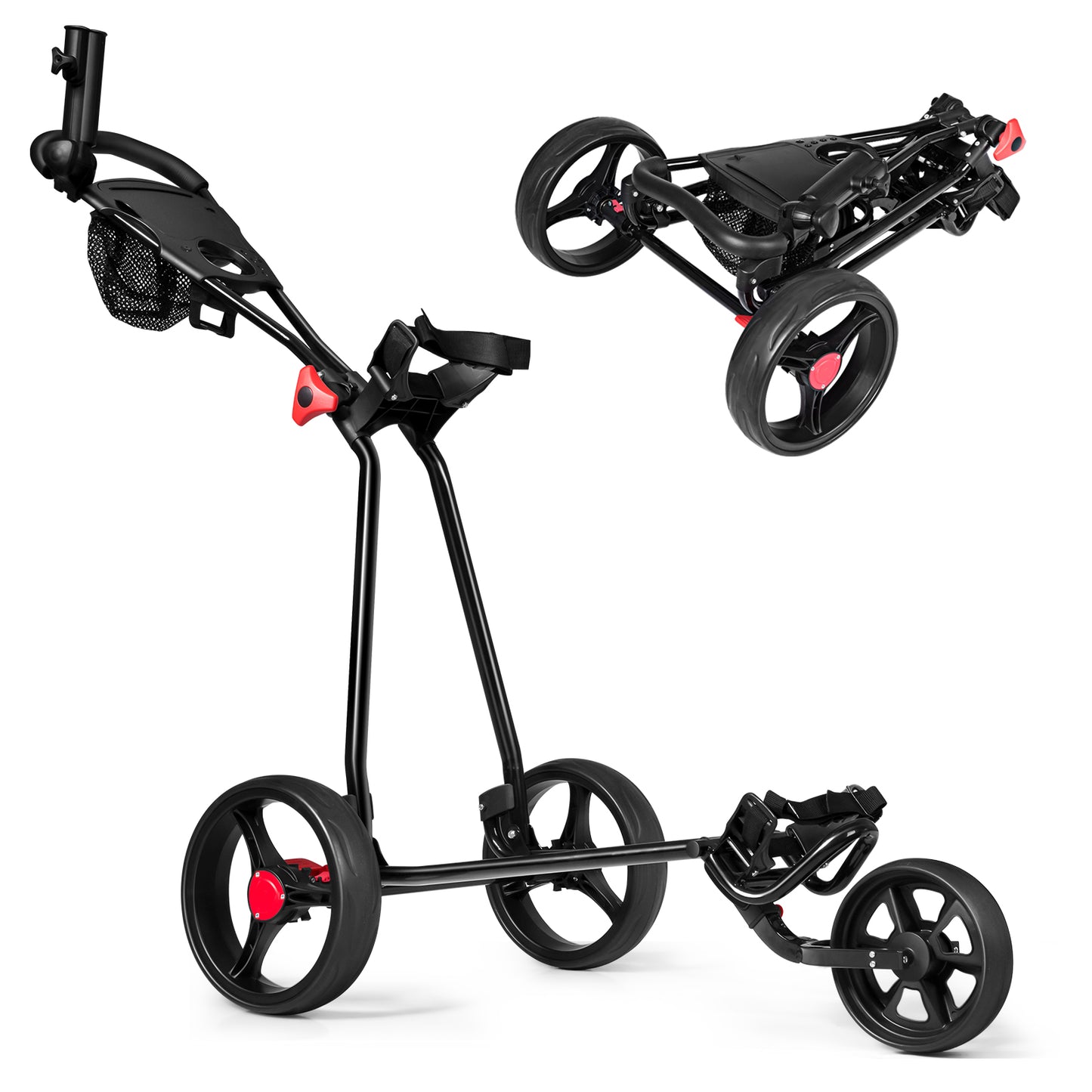 3 Wheel Durable Foldable Steel Golf Cart with Mesh Bag Kids Crystal