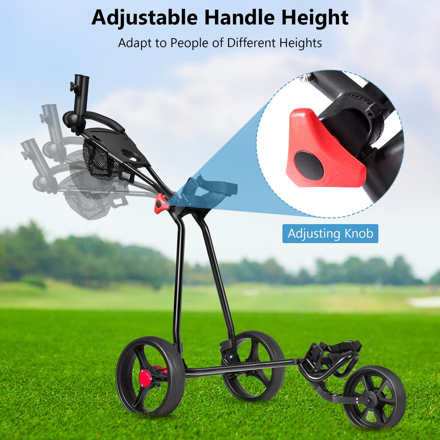 3 Wheel Durable Foldable Steel Golf Cart with Mesh Bag Kids Crystal