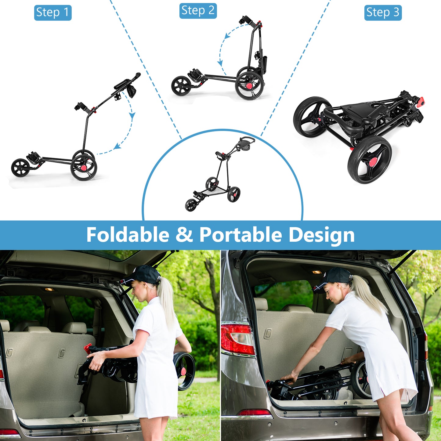 3 Wheel Durable Foldable Steel Golf Cart with Mesh Bag Kids Crystal