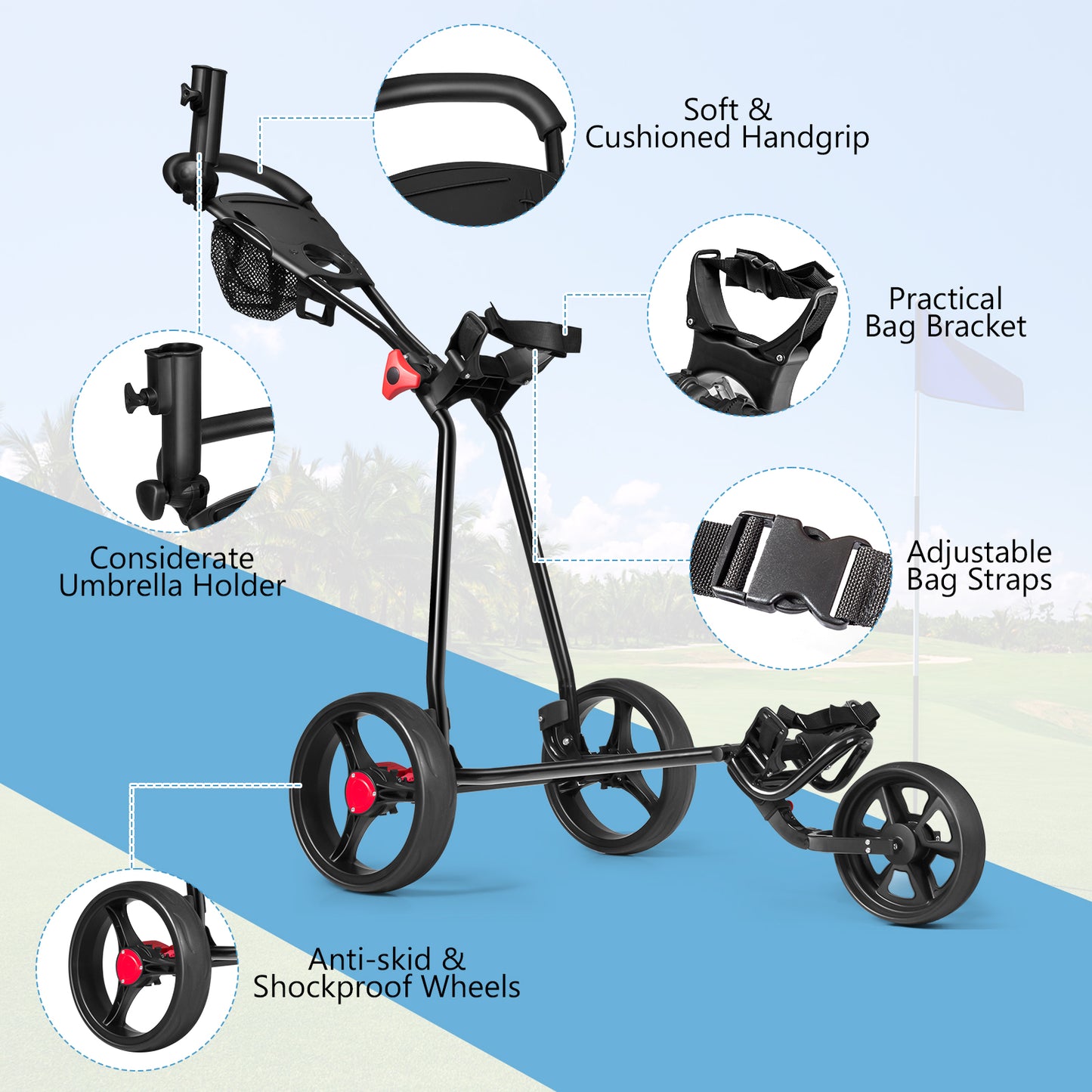 3 Wheel Durable Foldable Steel Golf Cart with Mesh Bag Kids Crystal