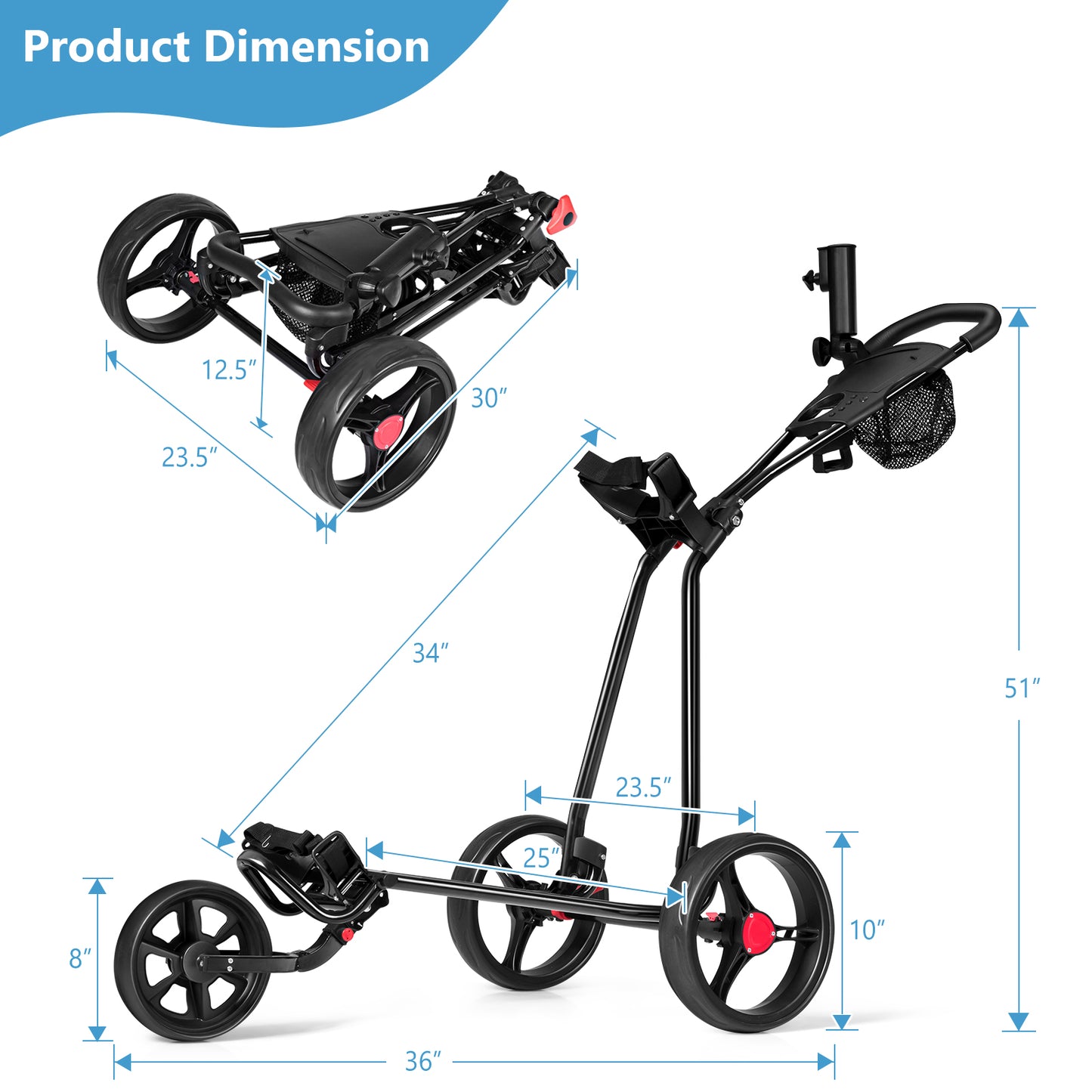 3 Wheel Durable Foldable Steel Golf Cart with Mesh Bag Kids Crystal