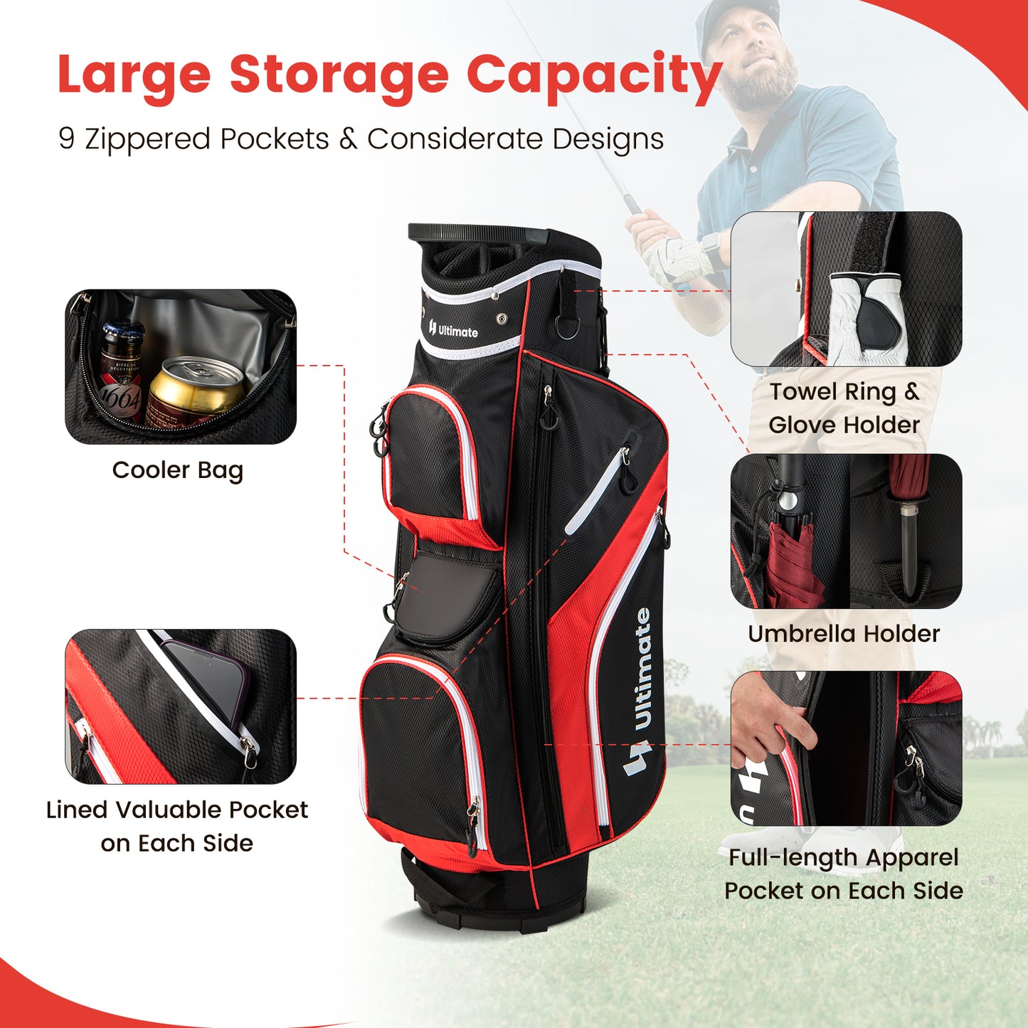 Golf Cart Bag with 14 Way Top Dividers-Red Kids Crystal
