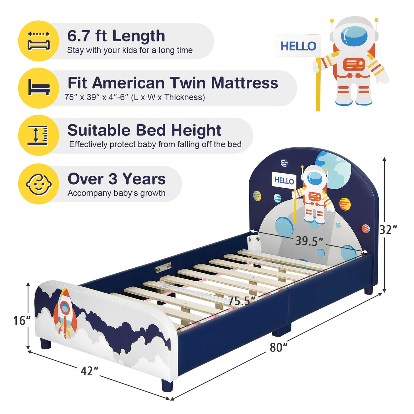 Kids Upholstered Platform Bed with Headboard and Footboard Kids Crystal