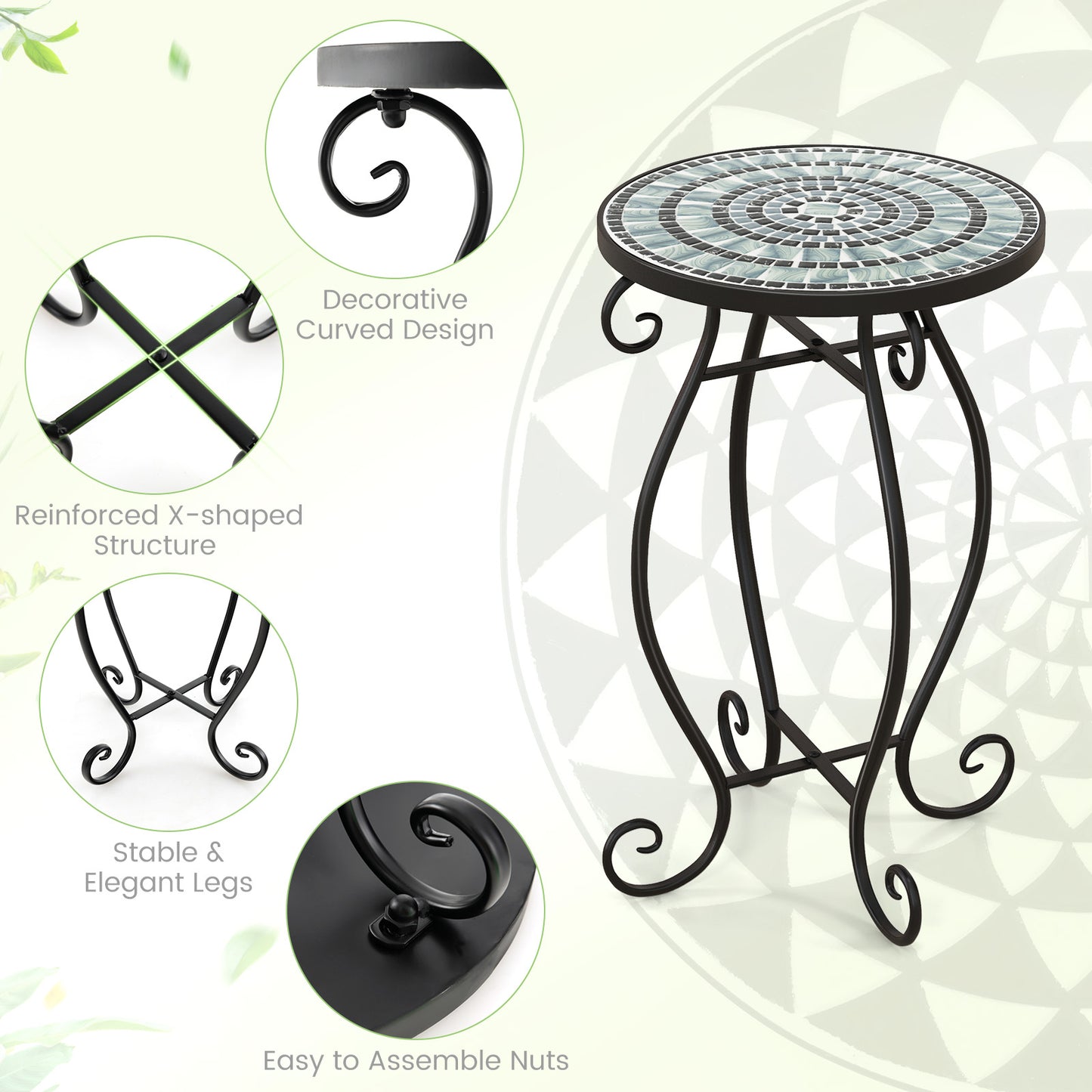 Small Plant Stand with Weather Resistant Ceramic Tile Tabletop-Black & Smoke Blue Kids Crystal