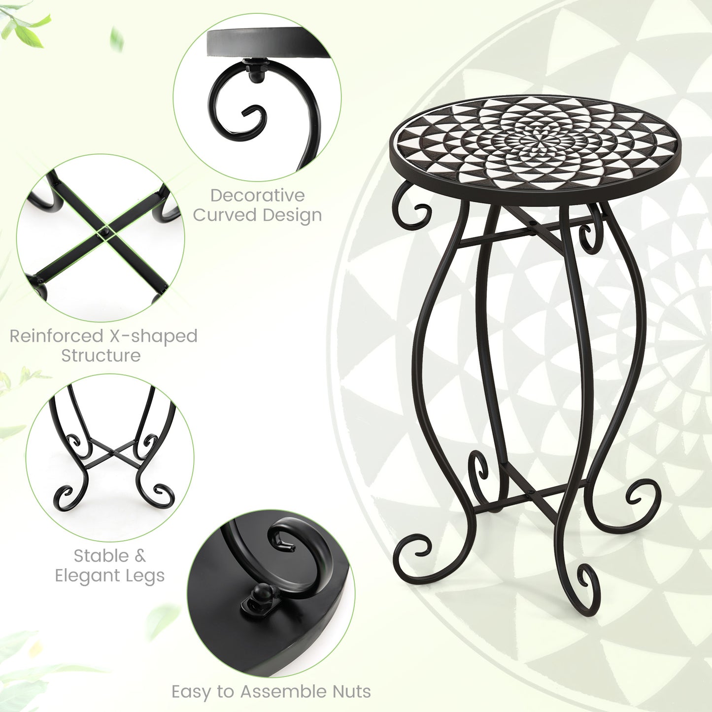 Small Plant Stand with Weather Resistant Ceramic Tile Tabletop-Black & White Kids Crystal