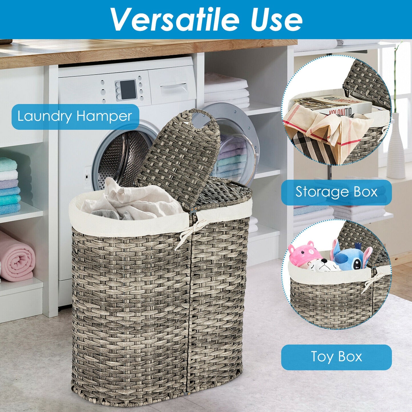Handwoven Laundry Hamper Basket with 2 Removable Liner Bags-Gray Kids Crystal
