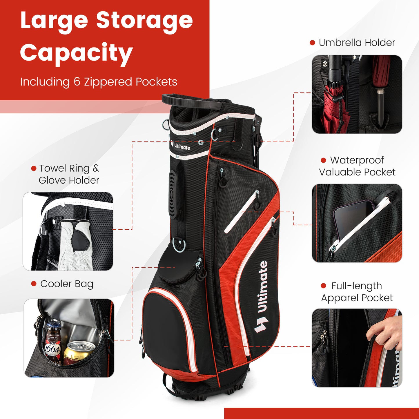 Lightweight Golf Stand Bag with 14 Way Top Dividers and 6 Pockets-Red Kids Crystal
