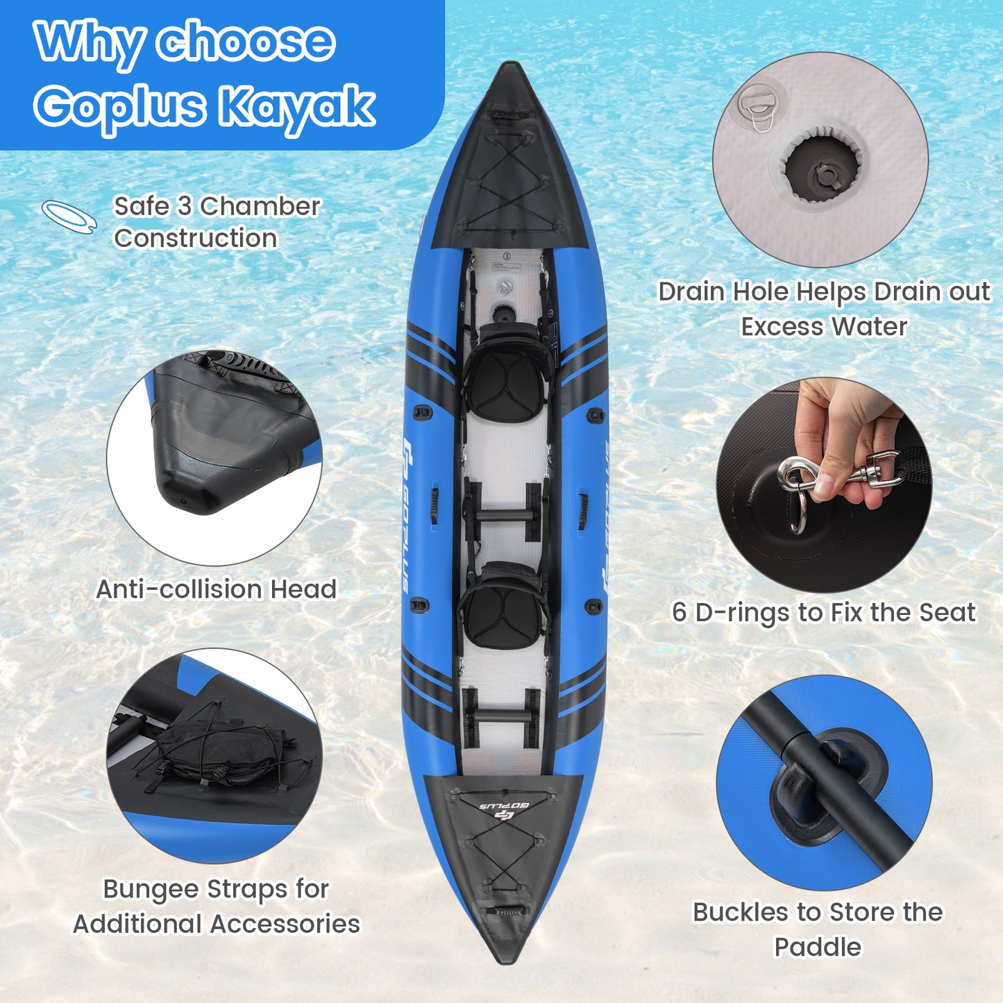 Inflatable 2-person Kayak Set with Aluminium Oars and Repair Kit-Blue Kids Crystal