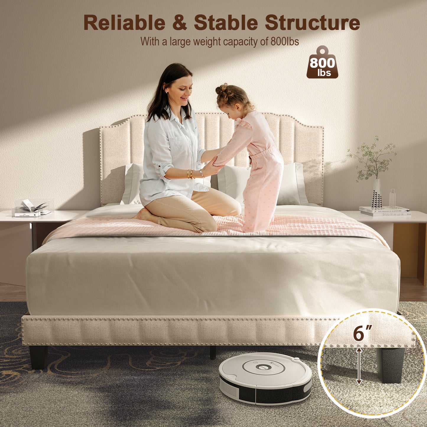 Heavy Duty Upholstered Bed Frame with Rivet Headboard-Queen Size Kids Crystal