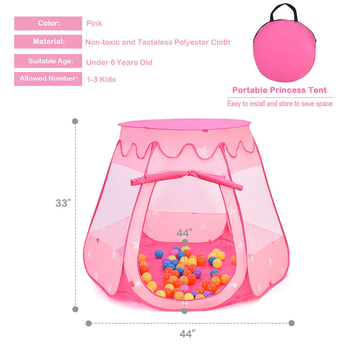 Pink Portable Kid Play House Play Tent with 100 Balls Kids Crystal