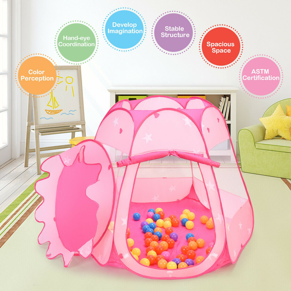 Pink Portable Kid Play House Play Tent with 100 Balls Kids Crystal
