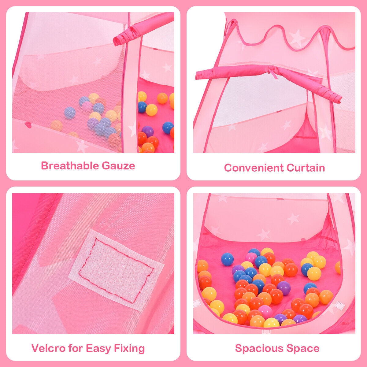 Pink Portable Kid Play House Play Tent with 100 Balls Kids Crystal