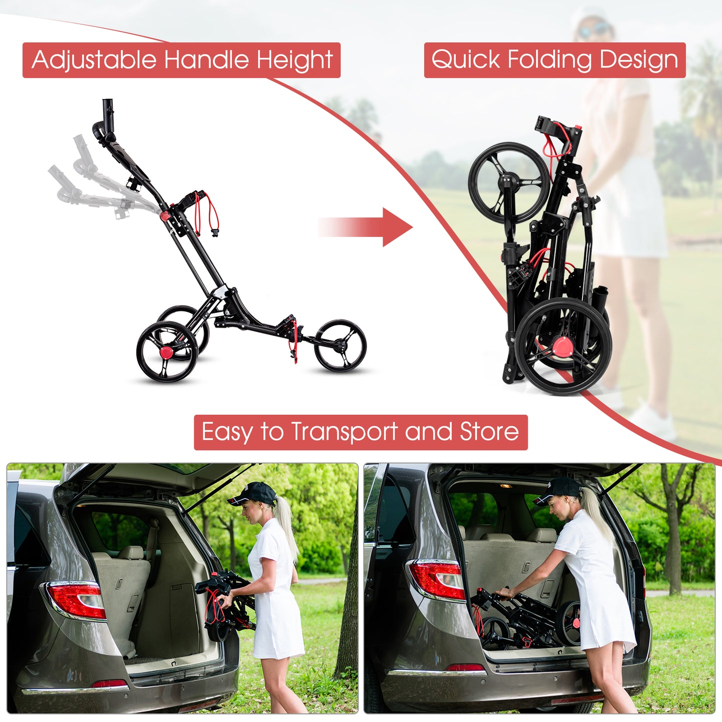 Foldable 3 Wheel Golf Pull Push Cart Trolley Kids Crystal