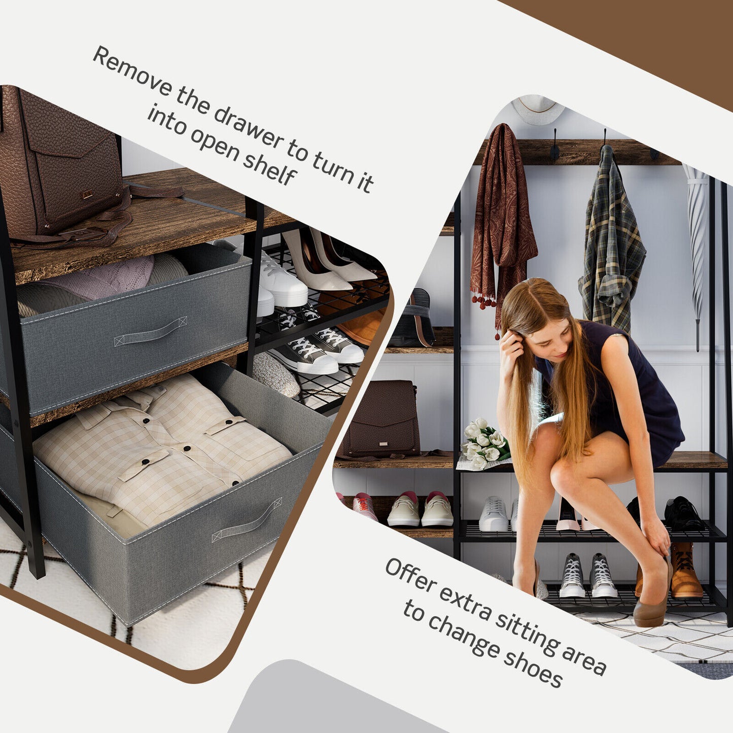 6-in-1 Freestanding Hall Tree Coat Rack with Bench and Fabric Dressers-Rustic Brown Kids Crystal