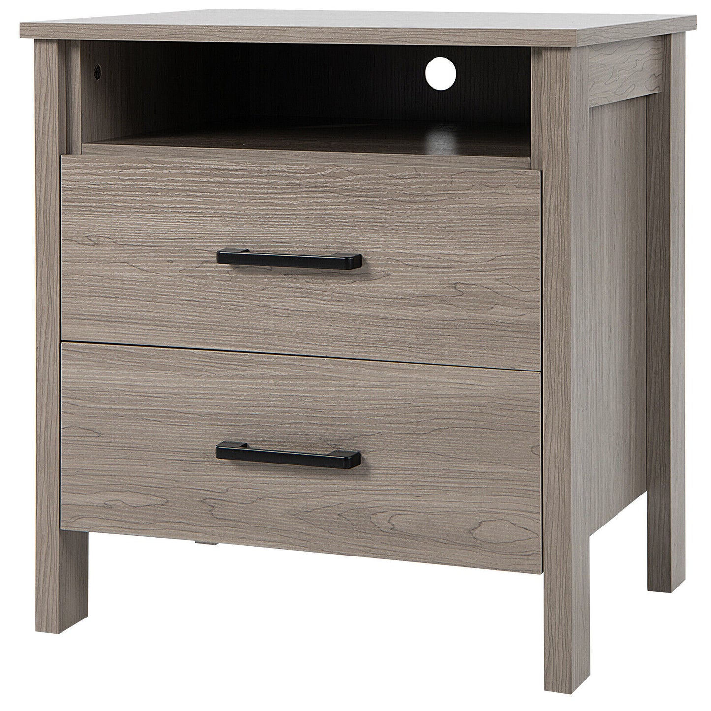 Modern Wood Grain Nightstand with Cable Hole and Open Compartment-Natural Kids Crystal