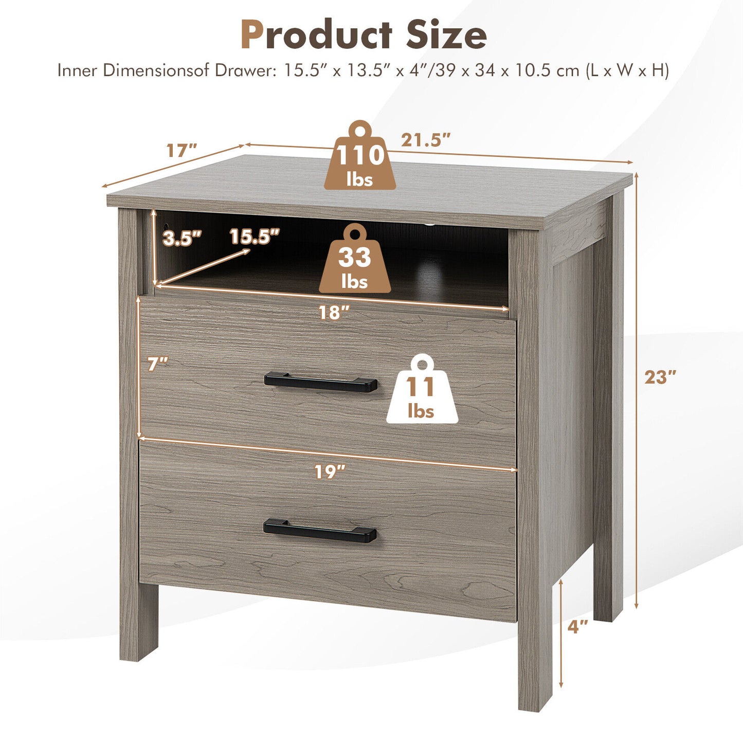 Modern Wood Grain Nightstand with Cable Hole and Open Compartment-Natural Kids Crystal