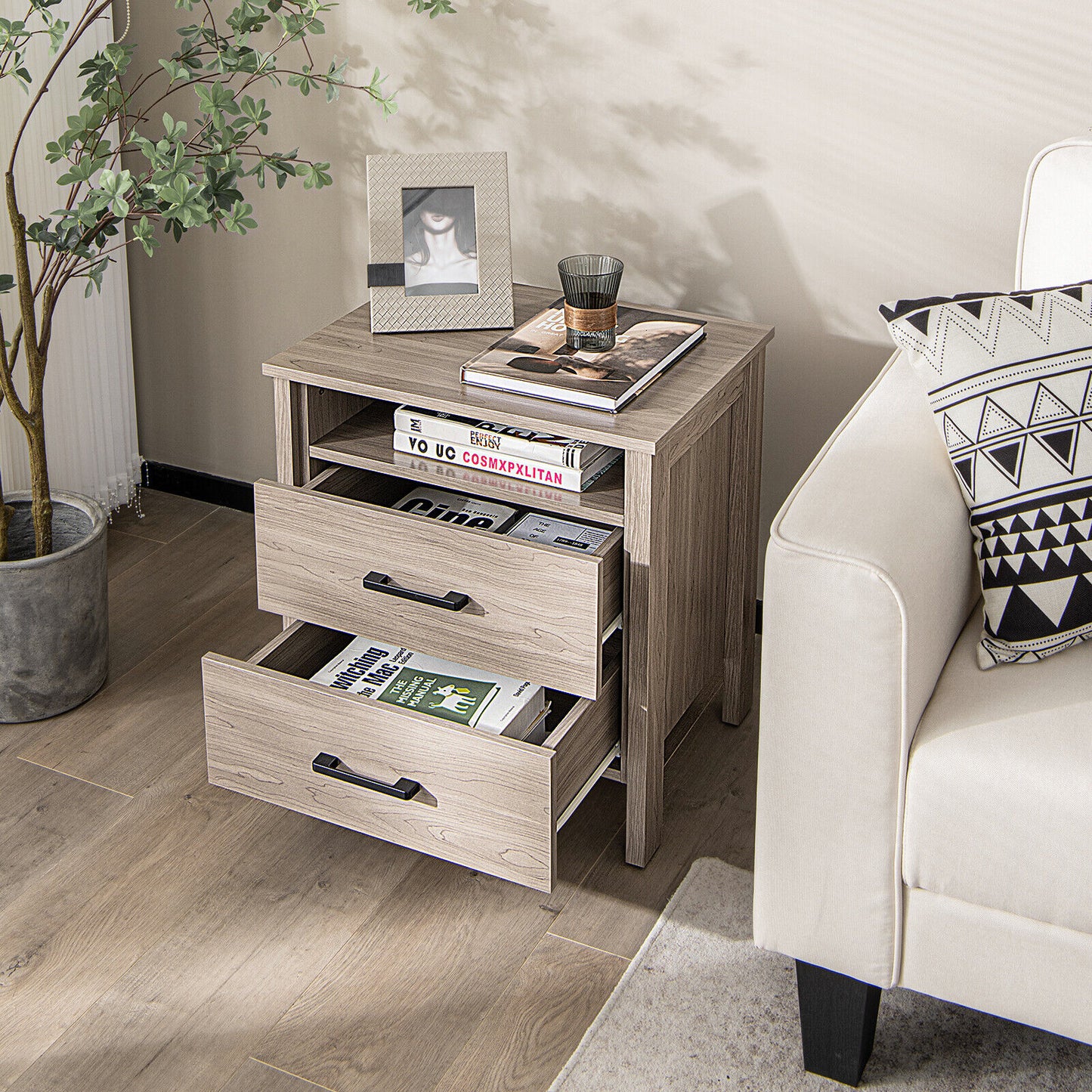 Modern Wood Grain Nightstand with Cable Hole and Open Compartment-Natural Kids Crystal