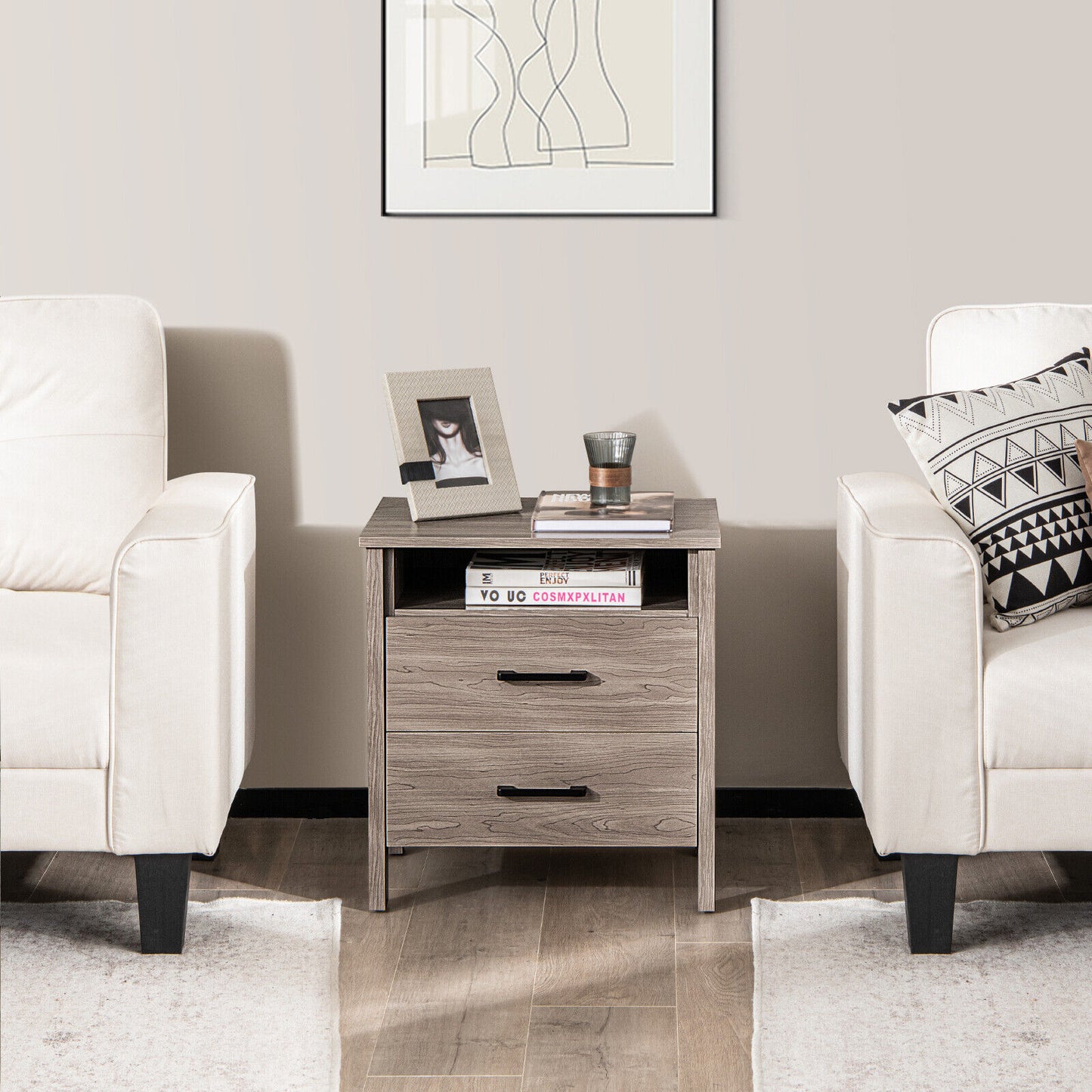 Modern Wood Grain Nightstand with Cable Hole and Open Compartment-Natural Kids Crystal