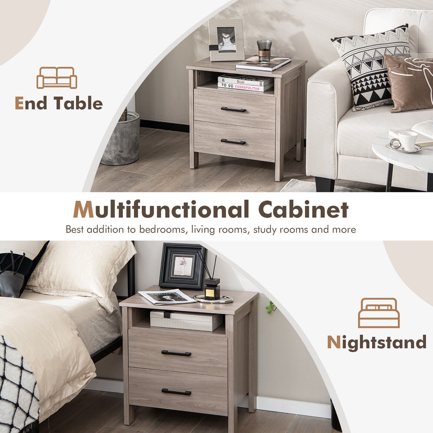Modern Wood Grain Nightstand with Cable Hole and Open Compartment-Natural Kids Crystal