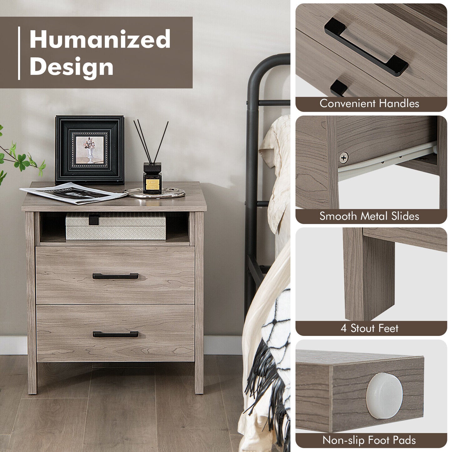 Modern Wood Grain Nightstand with Cable Hole and Open Compartment-Natural Kids Crystal