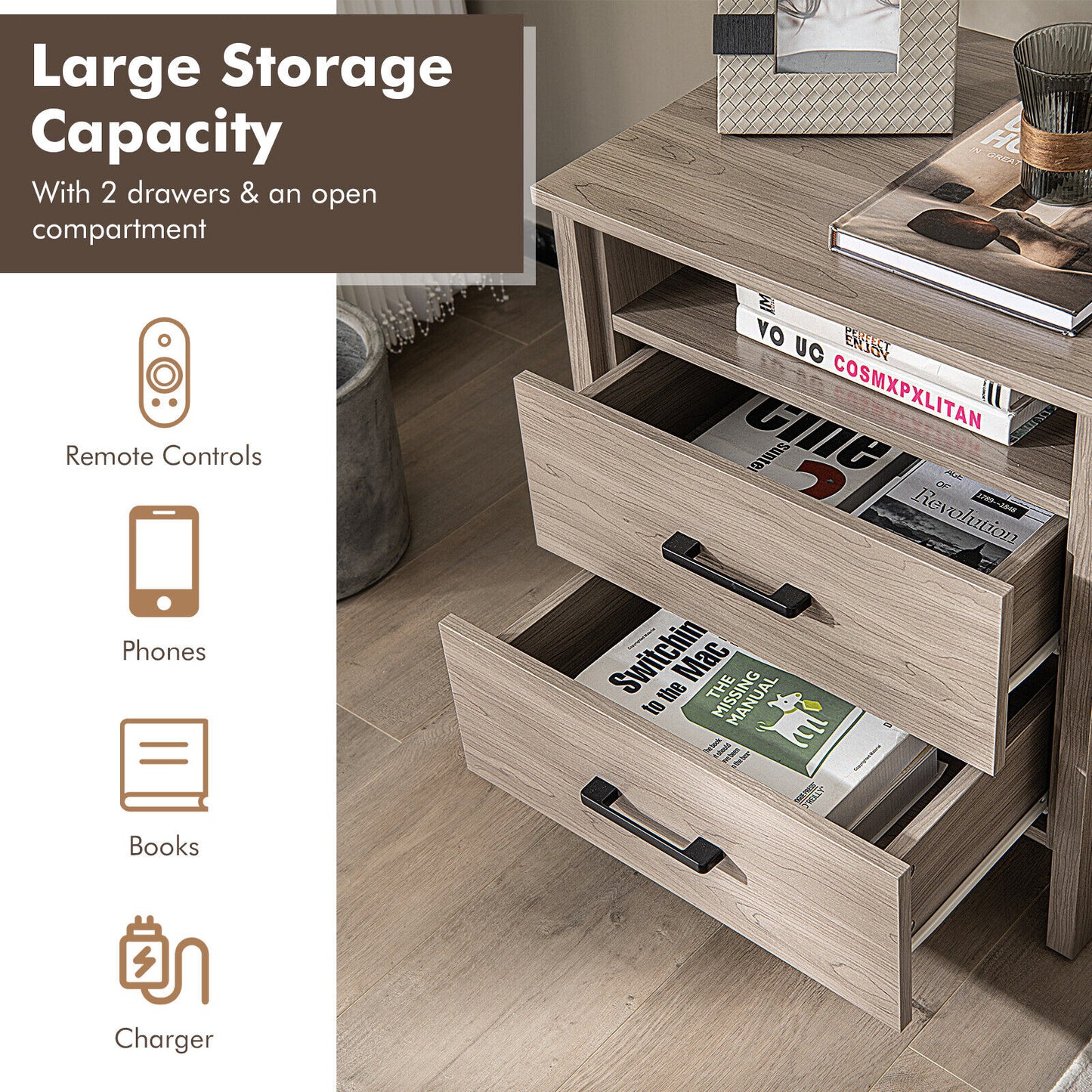 Modern Wood Grain Nightstand with Cable Hole and Open Compartment-Natural Kids Crystal