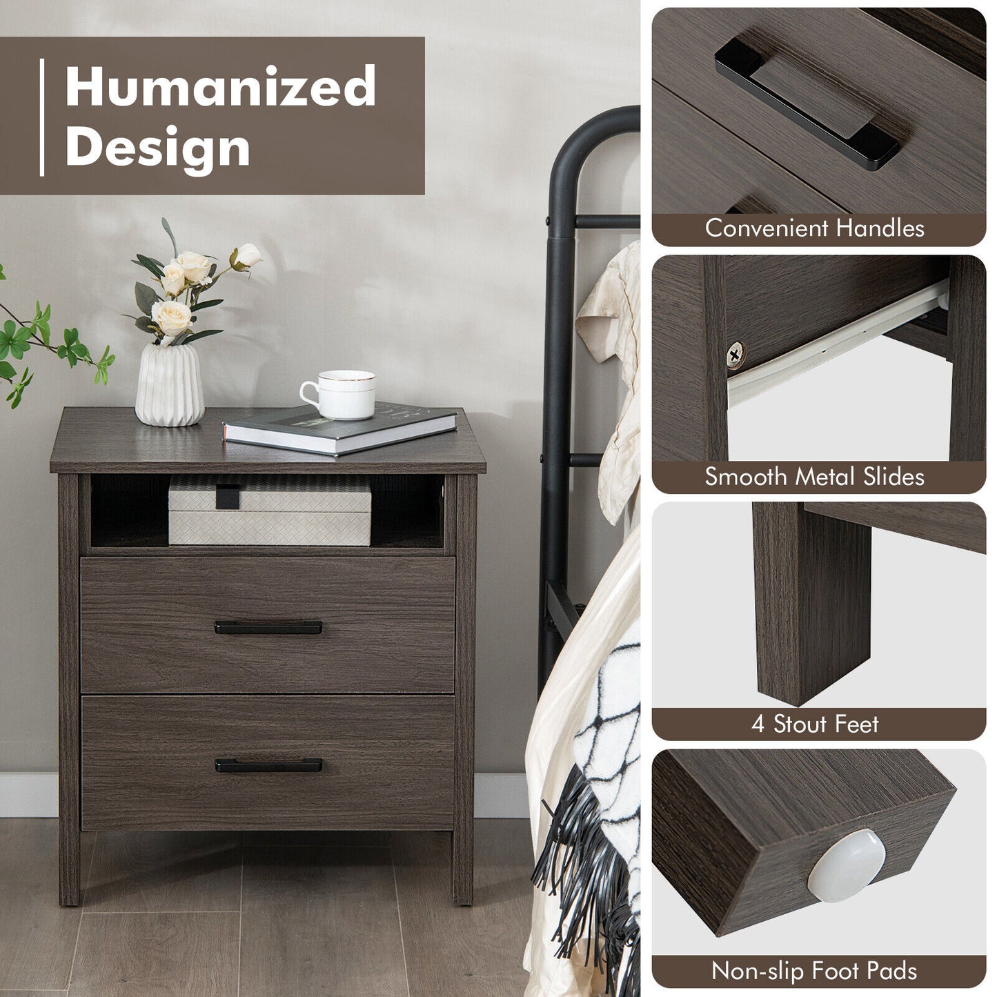 Modern Wood Grain Nightstand with Cable Hole and Open Compartment-Walnut Kids Crystal