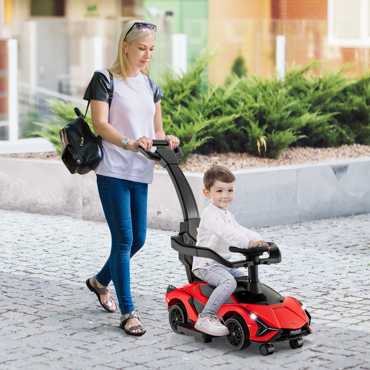 3 in 1 Licensed Lamborghini Ride Walking Toy Stroller-Red Kids Crystal