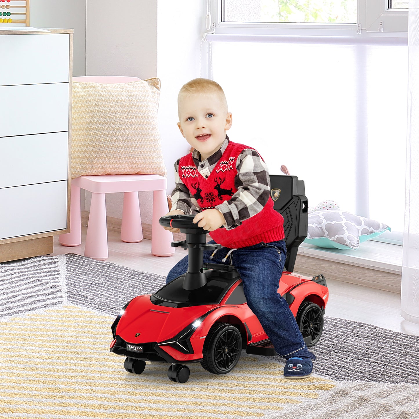 3 in 1 Licensed Lamborghini Ride Walking Toy Stroller-Red Kids Crystal