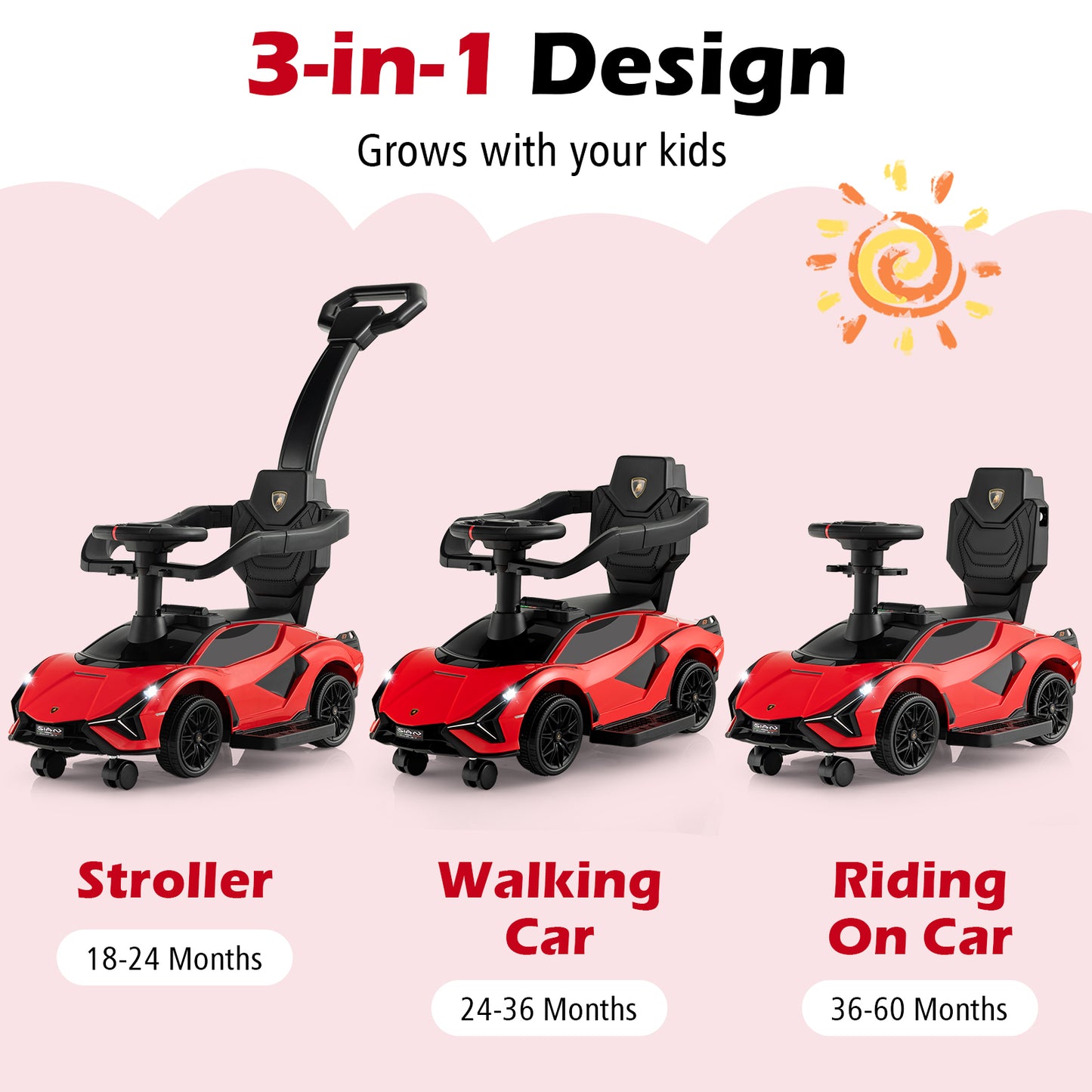 3 in 1 Licensed Lamborghini Ride Walking Toy Stroller-Red Kids Crystal