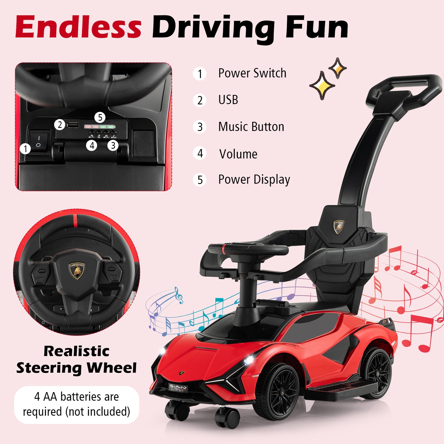 3 in 1 Licensed Lamborghini Ride Walking Toy Stroller-Red Kids Crystal