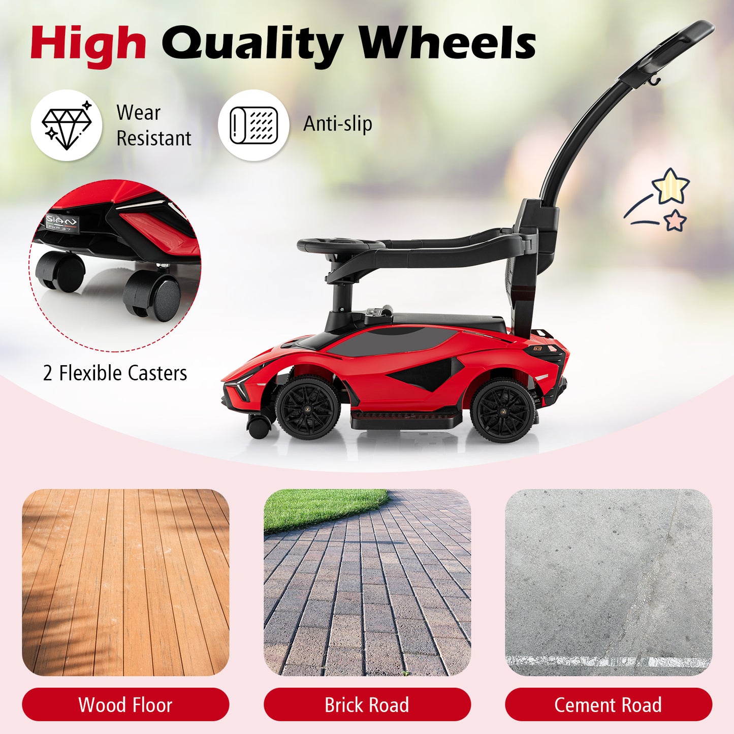 3 in 1 Licensed Lamborghini Ride Walking Toy Stroller-Red Kids Crystal