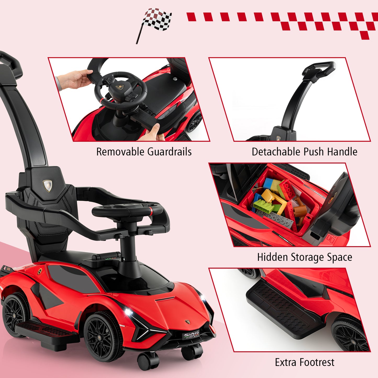3 in 1 Licensed Lamborghini Ride Walking Toy Stroller-Red Kids Crystal