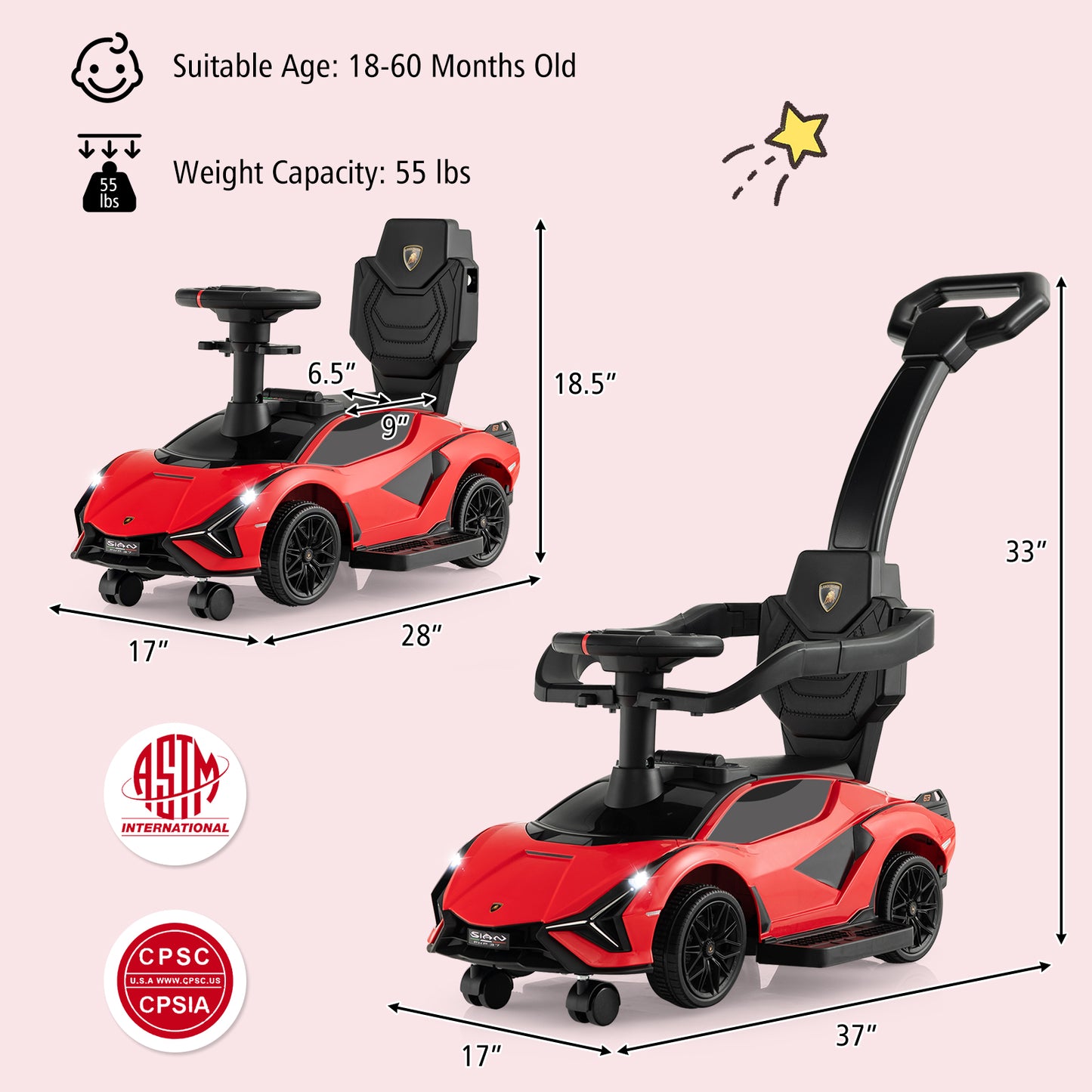 3 in 1 Licensed Lamborghini Ride Walking Toy Stroller-Red Kids Crystal