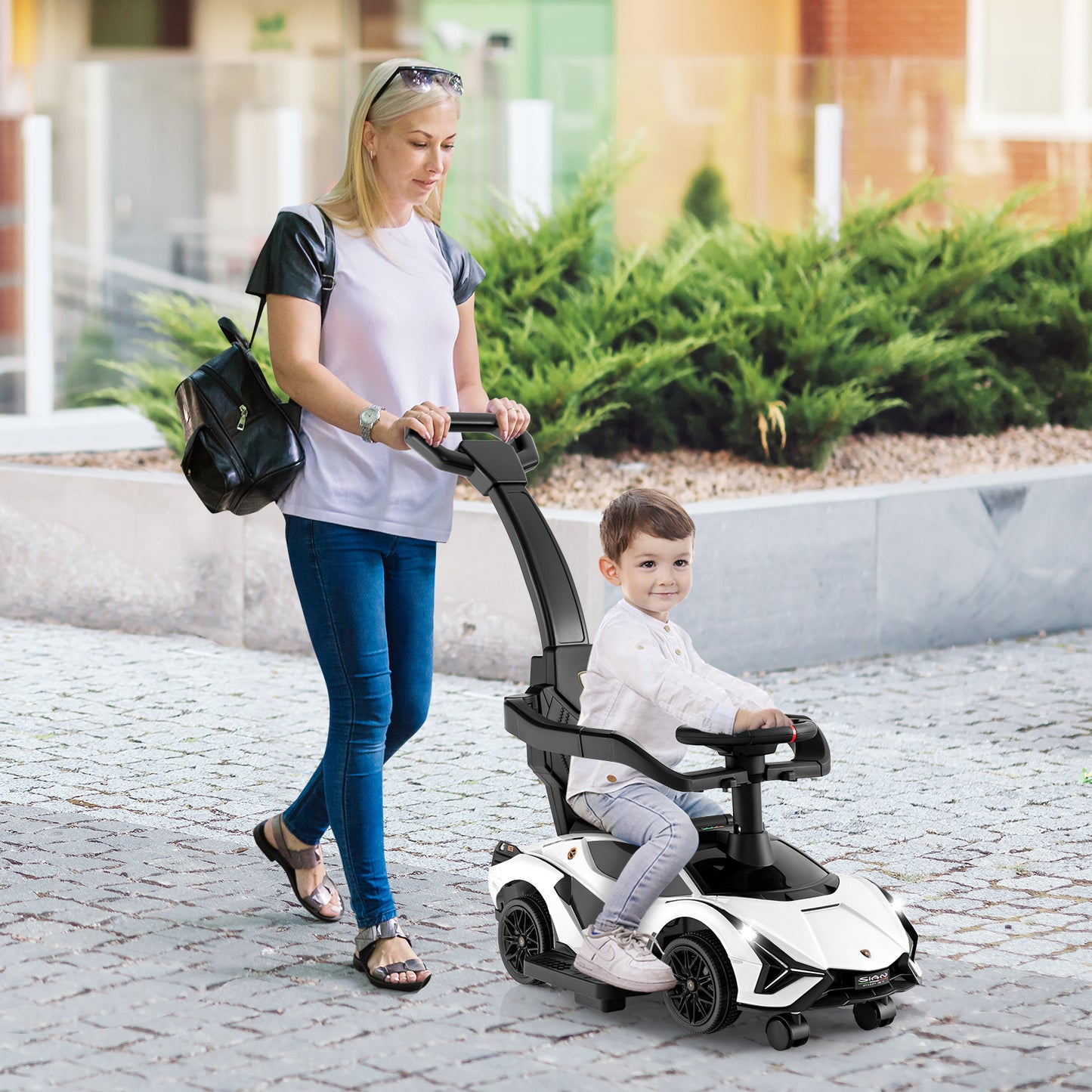 3 in 1 Licensed Lamborghini Ride Walking Toy Stroller-White Kids Crystal
