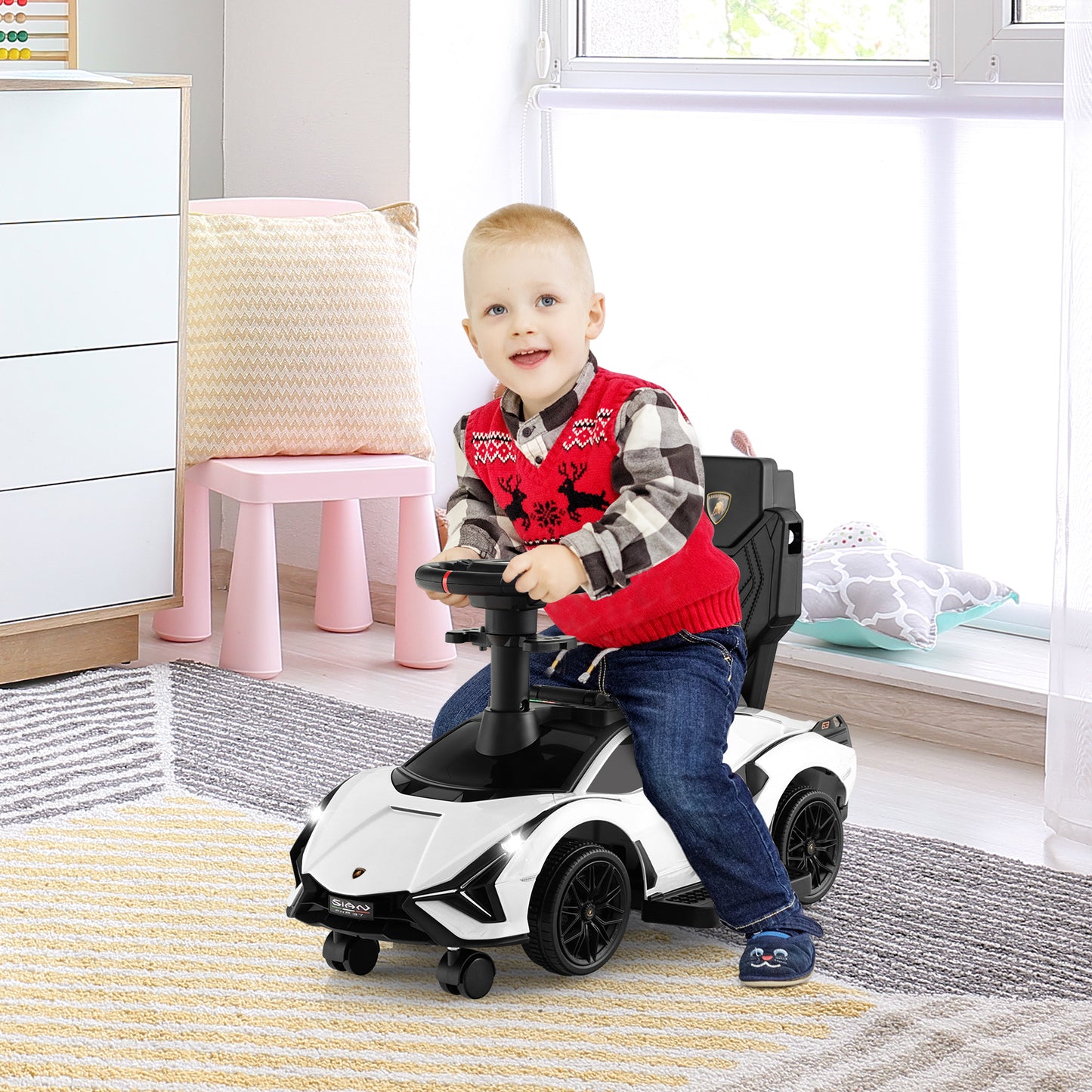 3 in 1 Licensed Lamborghini Ride Walking Toy Stroller-White Kids Crystal