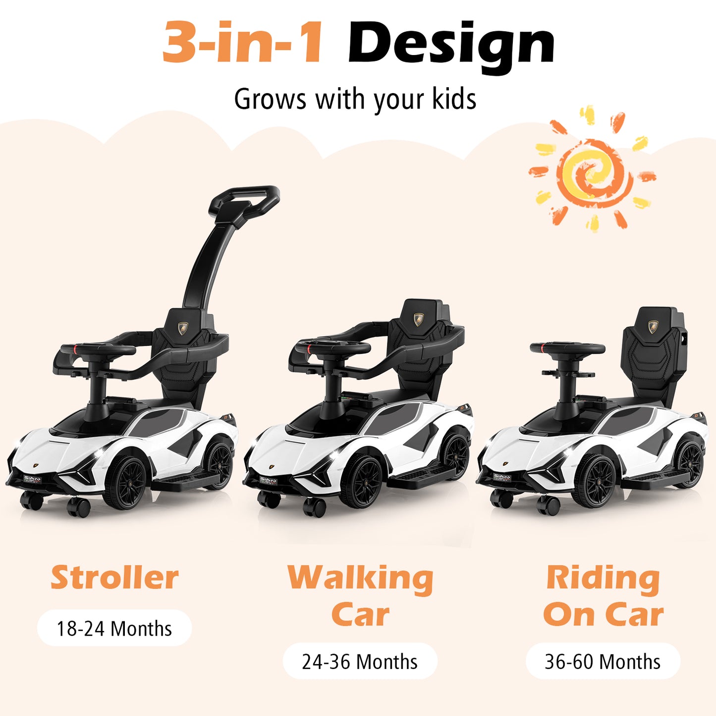 3 in 1 Licensed Lamborghini Ride Walking Toy Stroller-White Kids Crystal