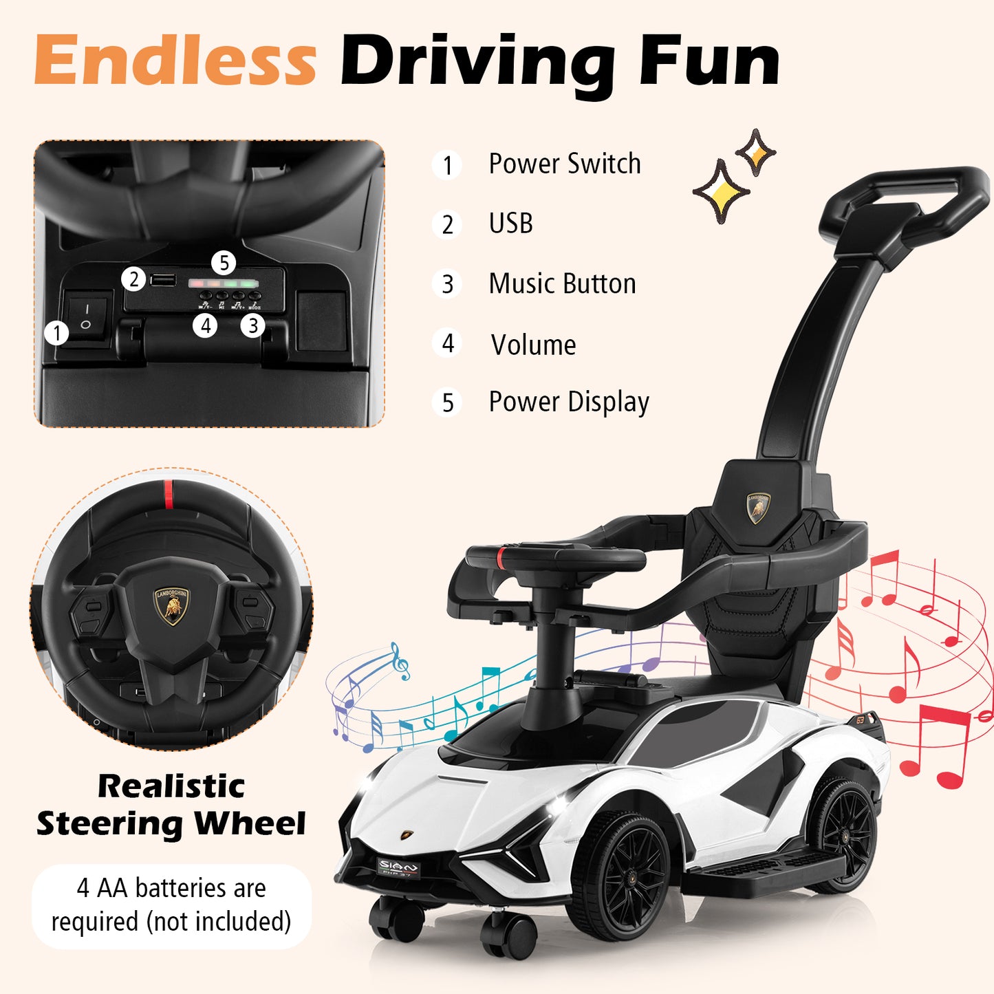 3 in 1 Licensed Lamborghini Ride Walking Toy Stroller-White Kids Crystal