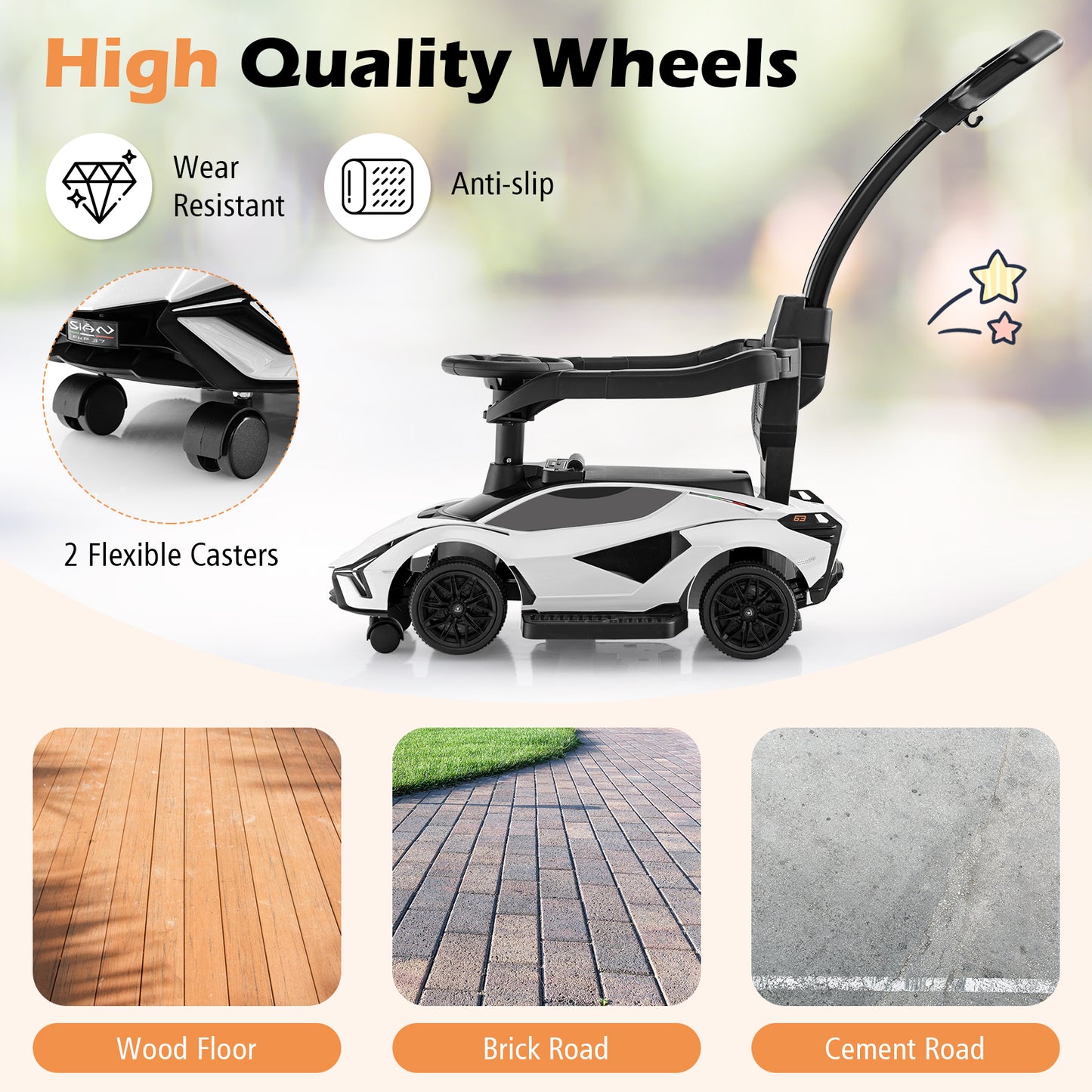 3 in 1 Licensed Lamborghini Ride Walking Toy Stroller-White Kids Crystal