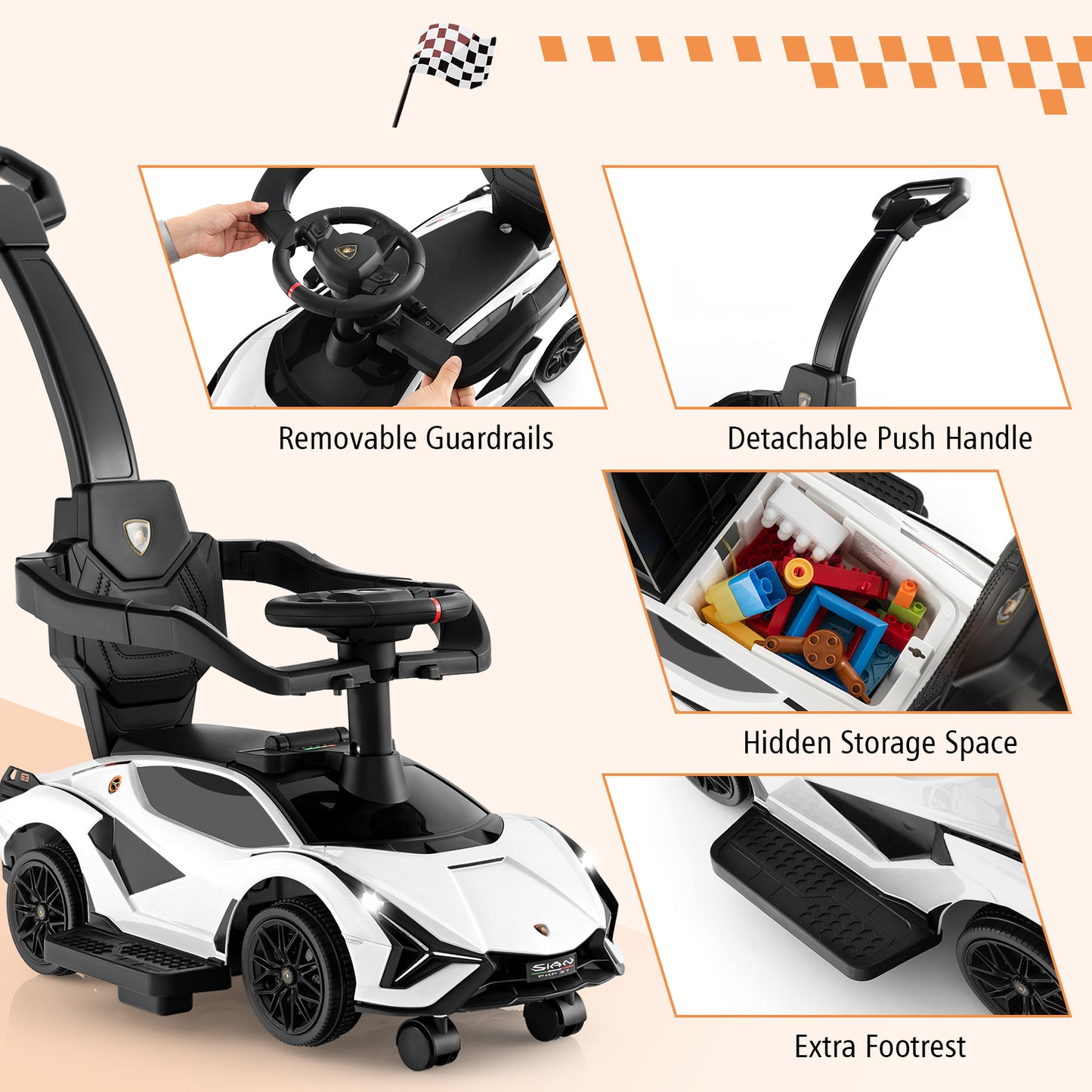 3 in 1 Licensed Lamborghini Ride Walking Toy Stroller-White Kids Crystal