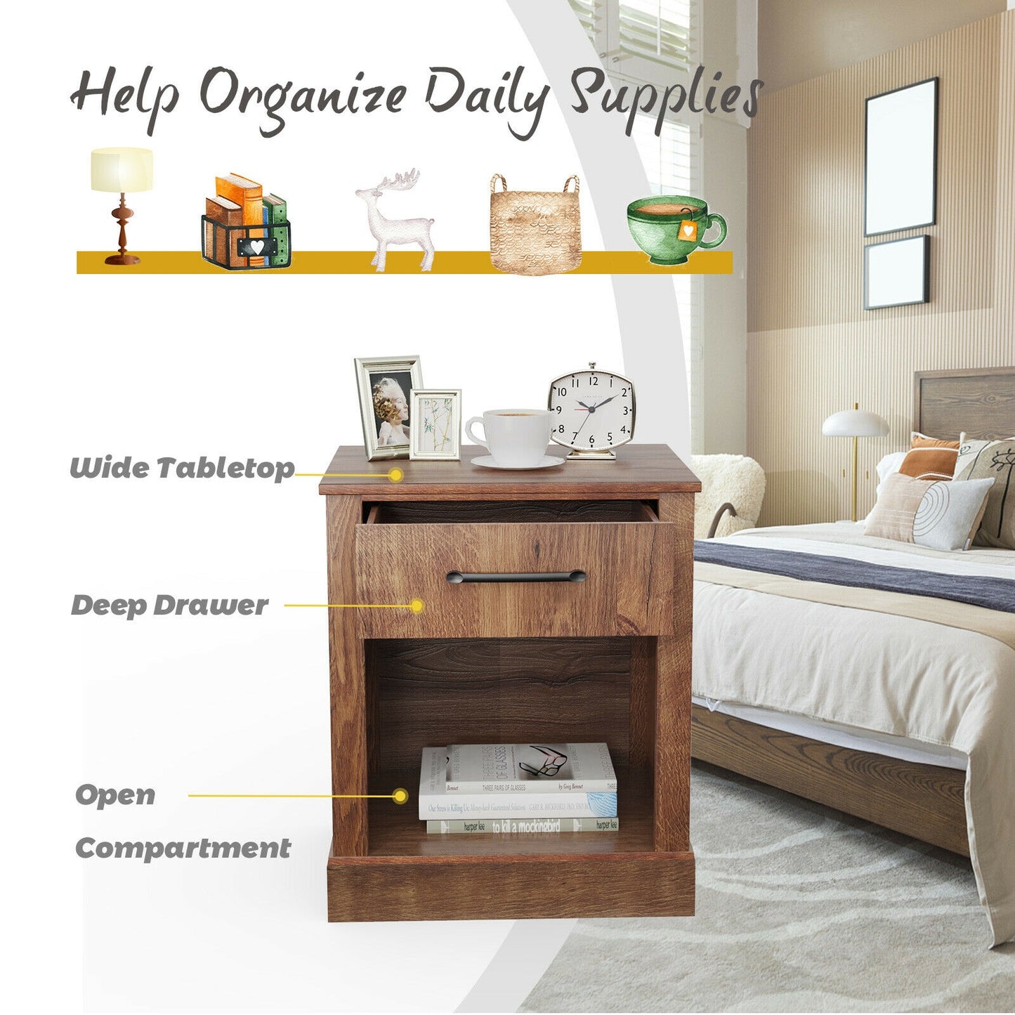 Compact Nightstand with Drawer and Shelf-Brown Kids Crystal
