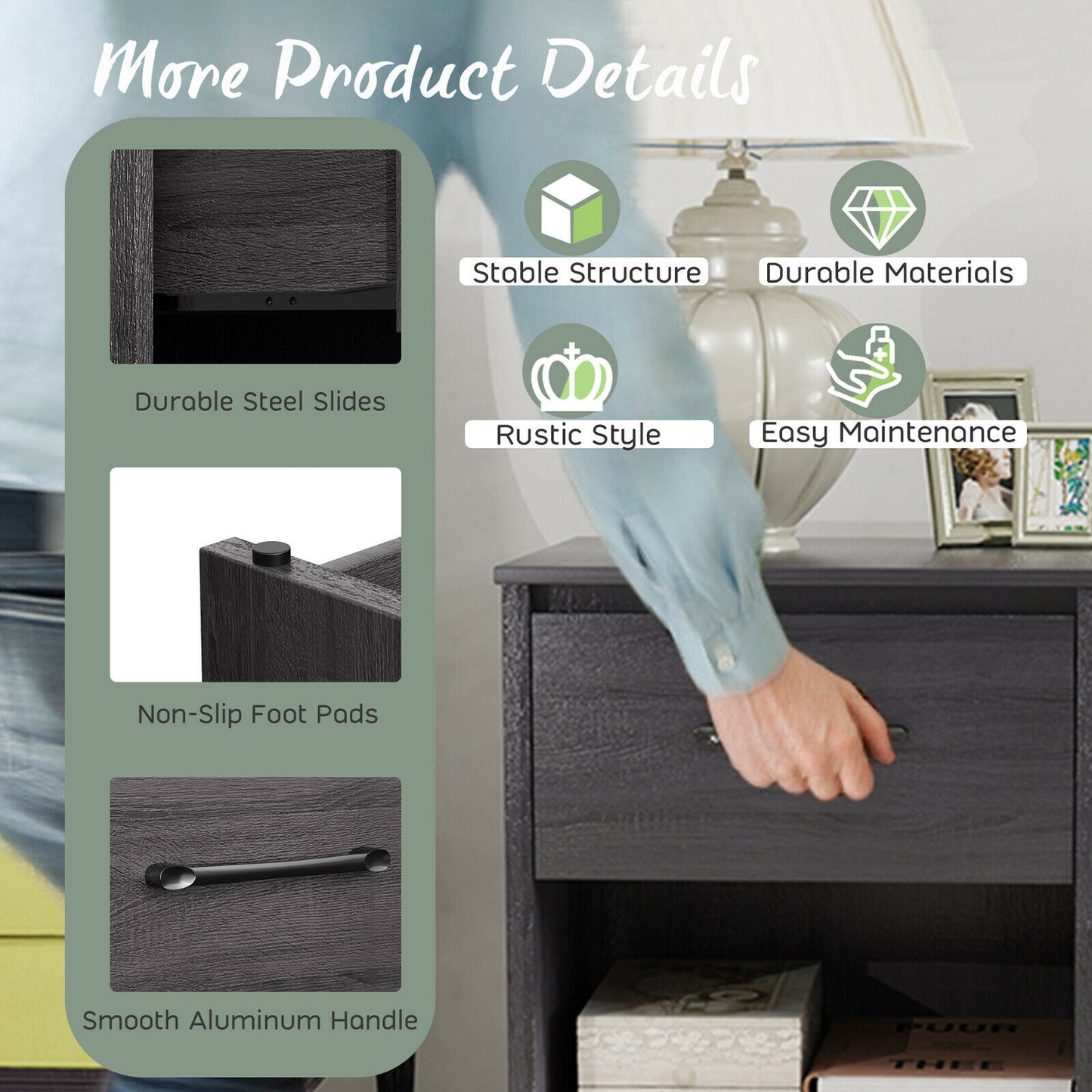 Wooden End Side Table Nightstand with Drawer Storage Shelf-Black Kids Crystal