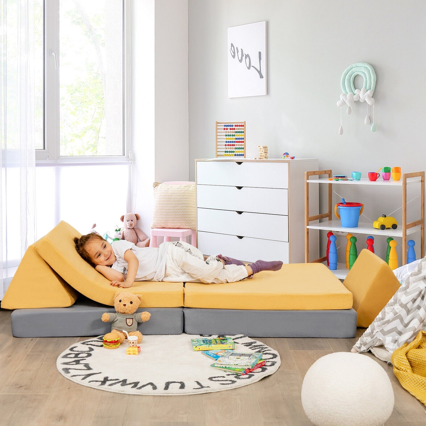4 Pieces Convertible Kids Couch Set with 2 Folding Mats-Yellow Kids Crystal