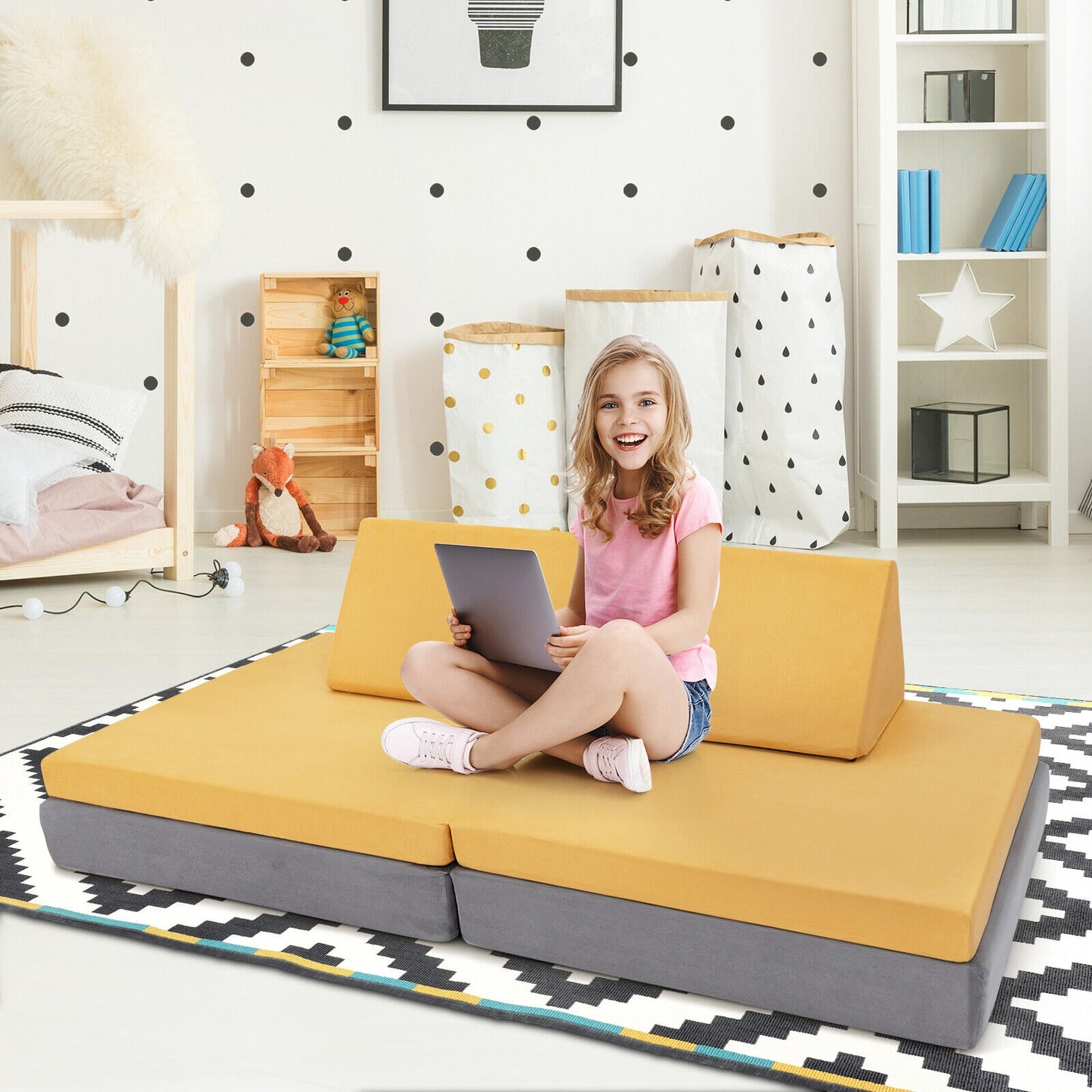 4 Pieces Convertible Kids Couch Set with 2 Folding Mats-Yellow Kids Crystal