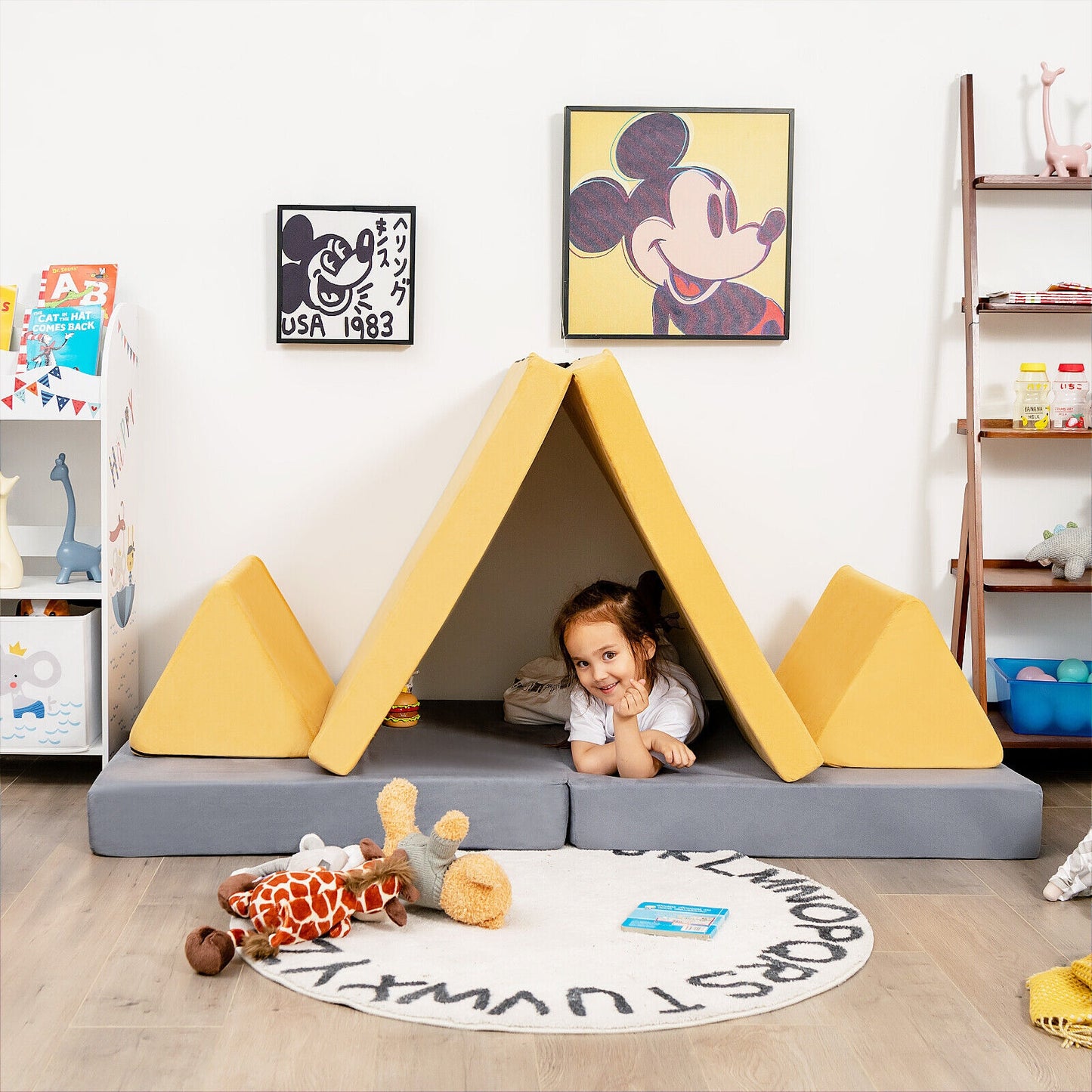 4 Pieces Convertible Kids Couch Set with 2 Folding Mats-Yellow Kids Crystal