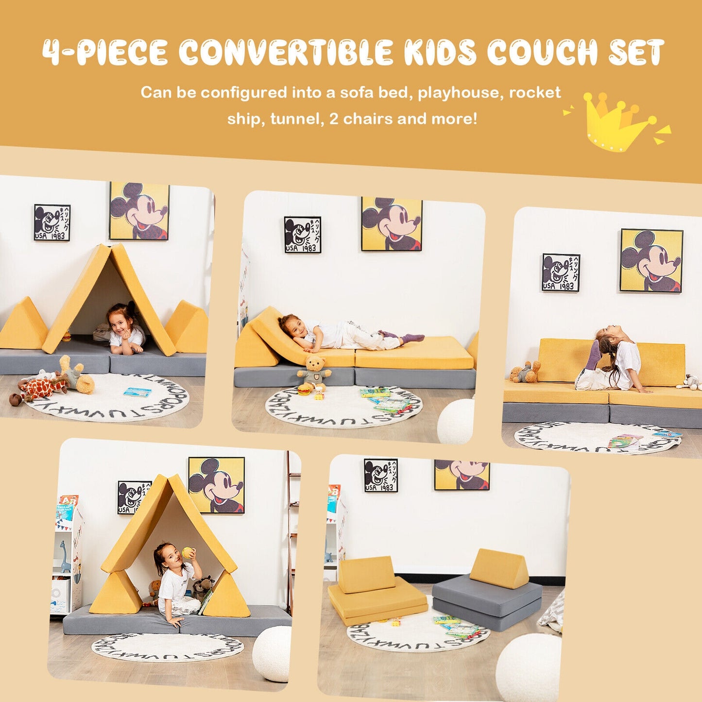 4 Pieces Convertible Kids Couch Set with 2 Folding Mats-Yellow Kids Crystal