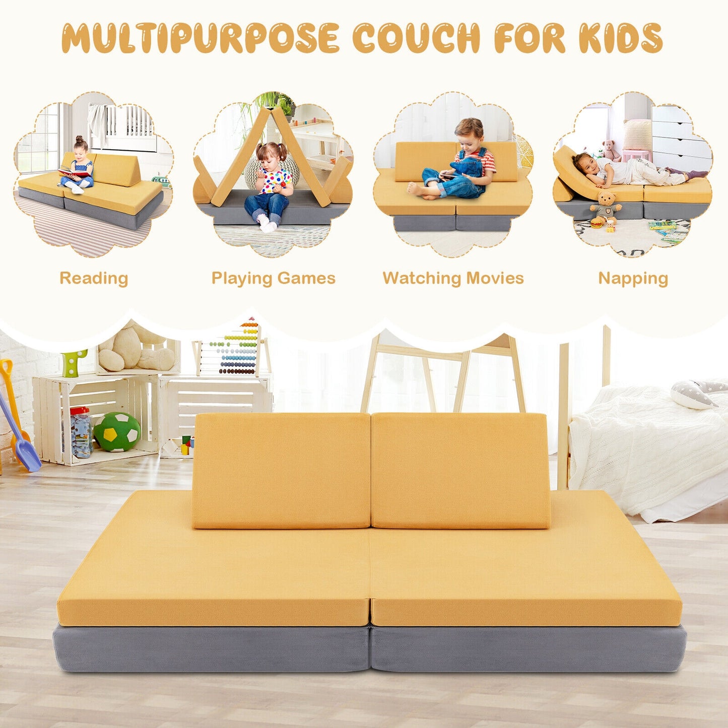 4 Pieces Convertible Kids Couch Set with 2 Folding Mats-Yellow Kids Crystal