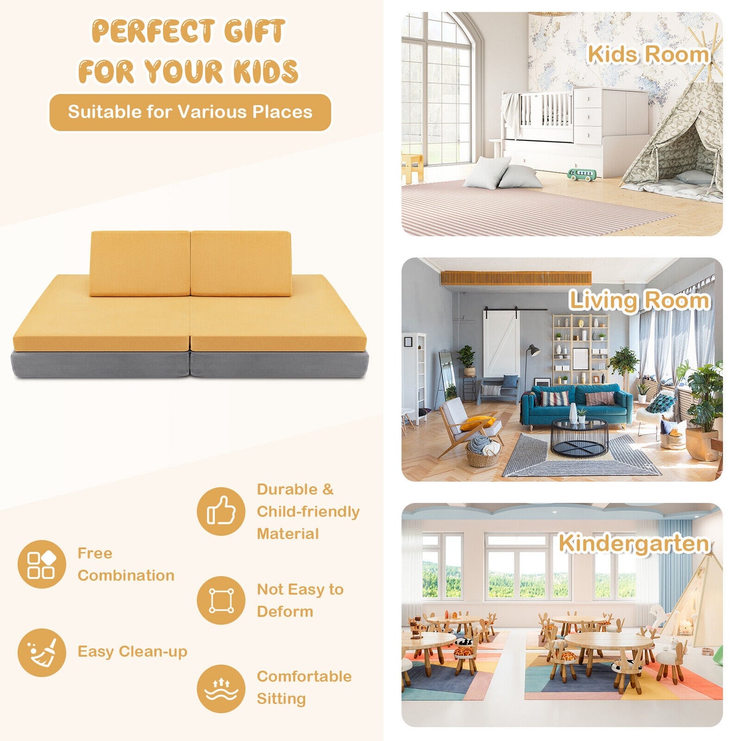 4 Pieces Convertible Kids Couch Set with 2 Folding Mats-Yellow Kids Crystal