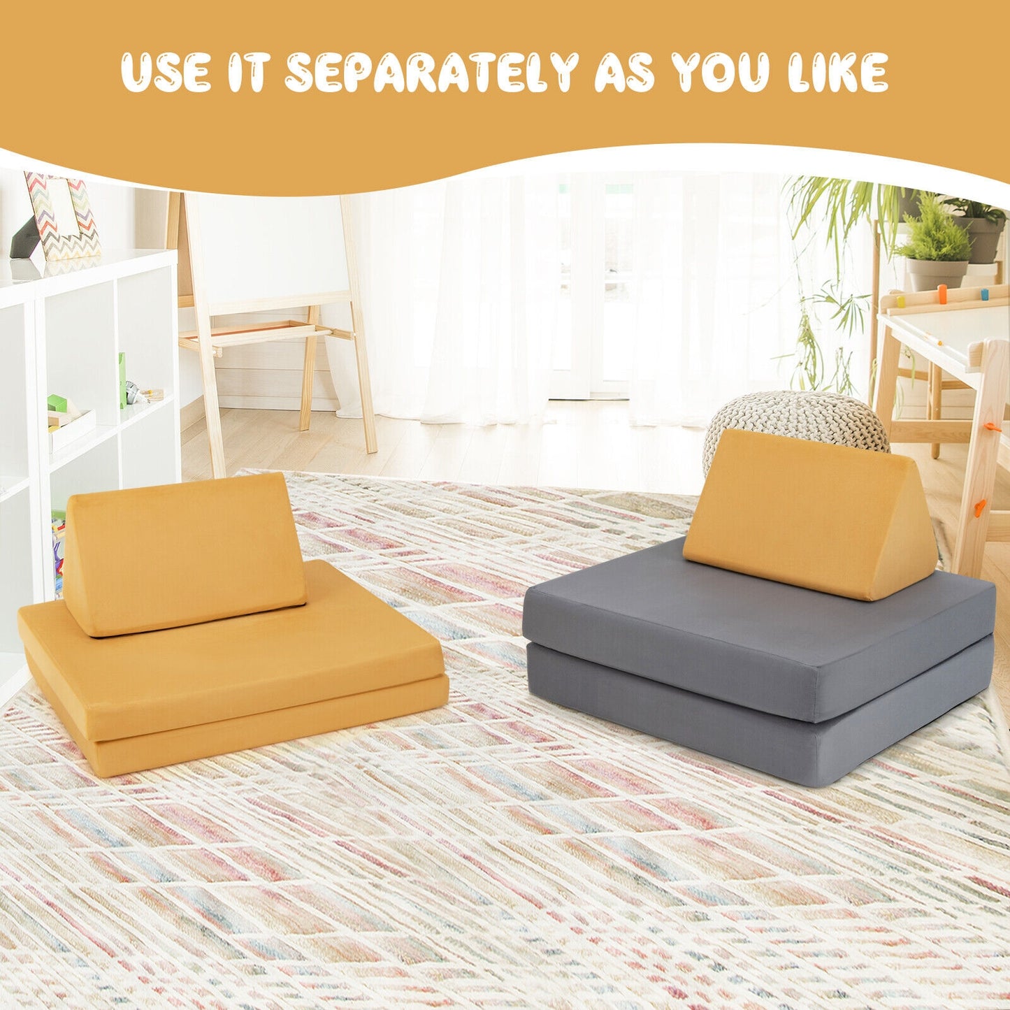 4 Pieces Convertible Kids Couch Set with 2 Folding Mats-Yellow Kids Crystal