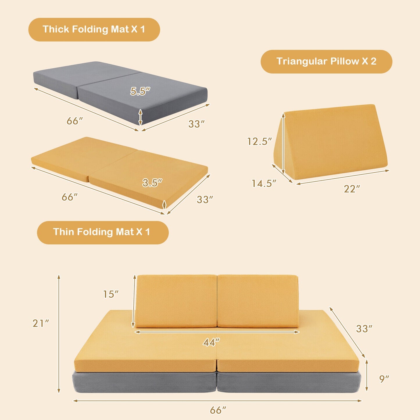 4 Pieces Convertible Kids Couch Set with 2 Folding Mats-Yellow Kids Crystal